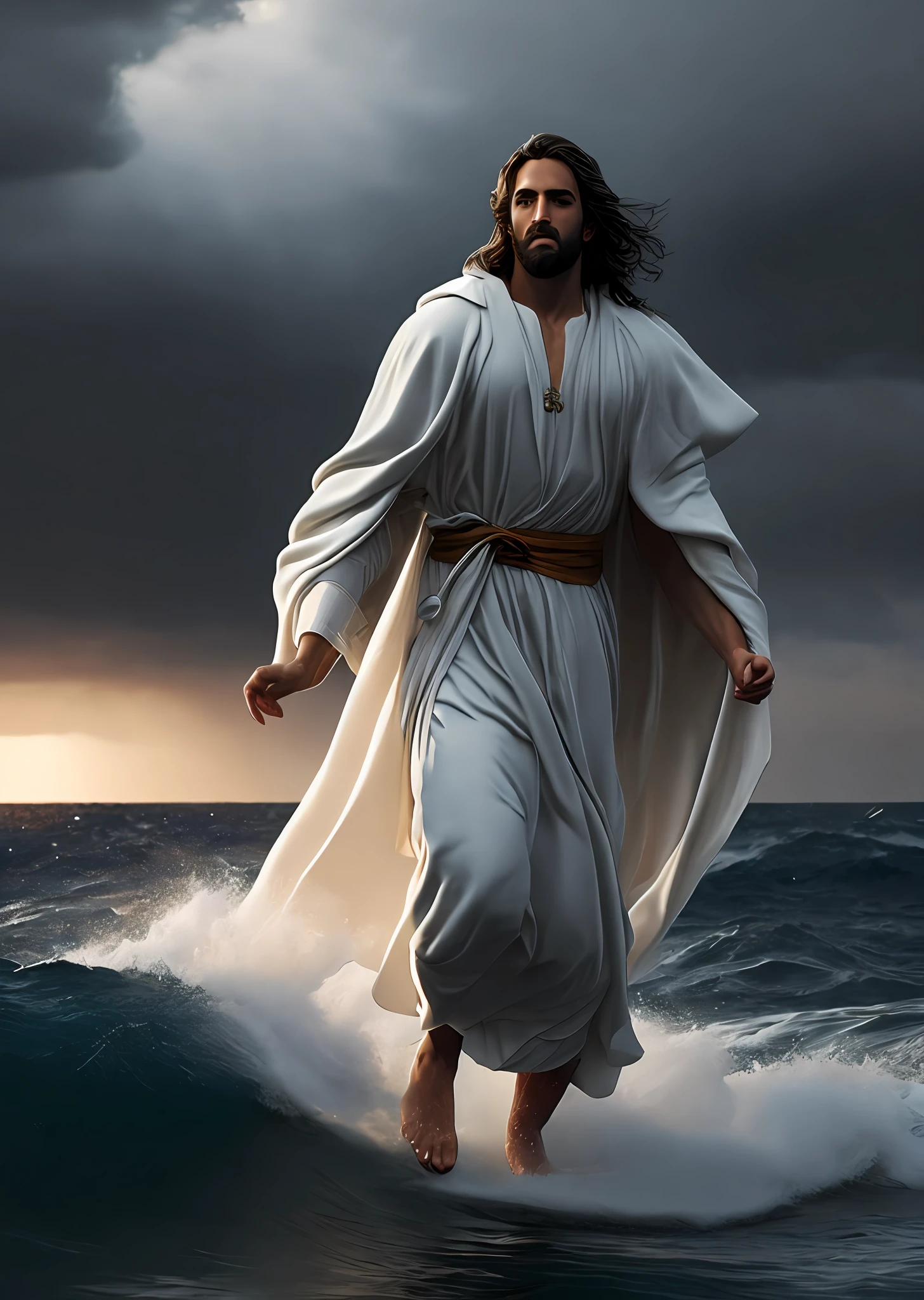 Jesus Christ walking on water in a storm, white robes, waves, soft expression, dark sky with lightning, lightning, photo realism, masterpiece, high quality, high quality, highly detailed CG unit 8k wallpaper, award-winning photos, bokeh, depth of field, HDR, bloom, chromatic aberration, realistic, very detailed, trend in CGsociety, complex, high detail, dramatic, volumetric lighting