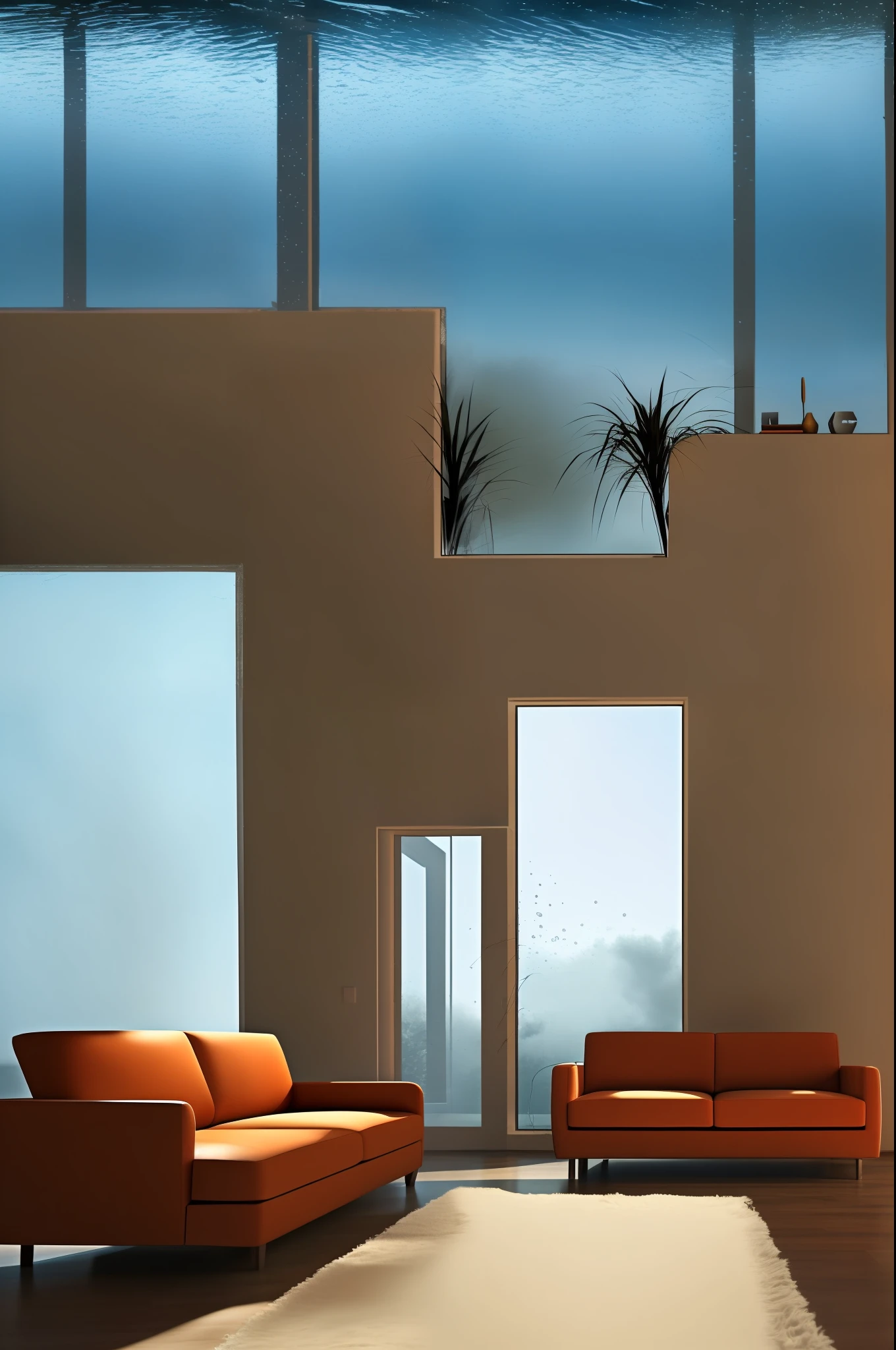 beste Quality, masterpieces, Super High Resolution, (photo realistic:1.4), Raw Image,living room,Raining,Fog,windows,warm,View from inside,1 Man on the couch
