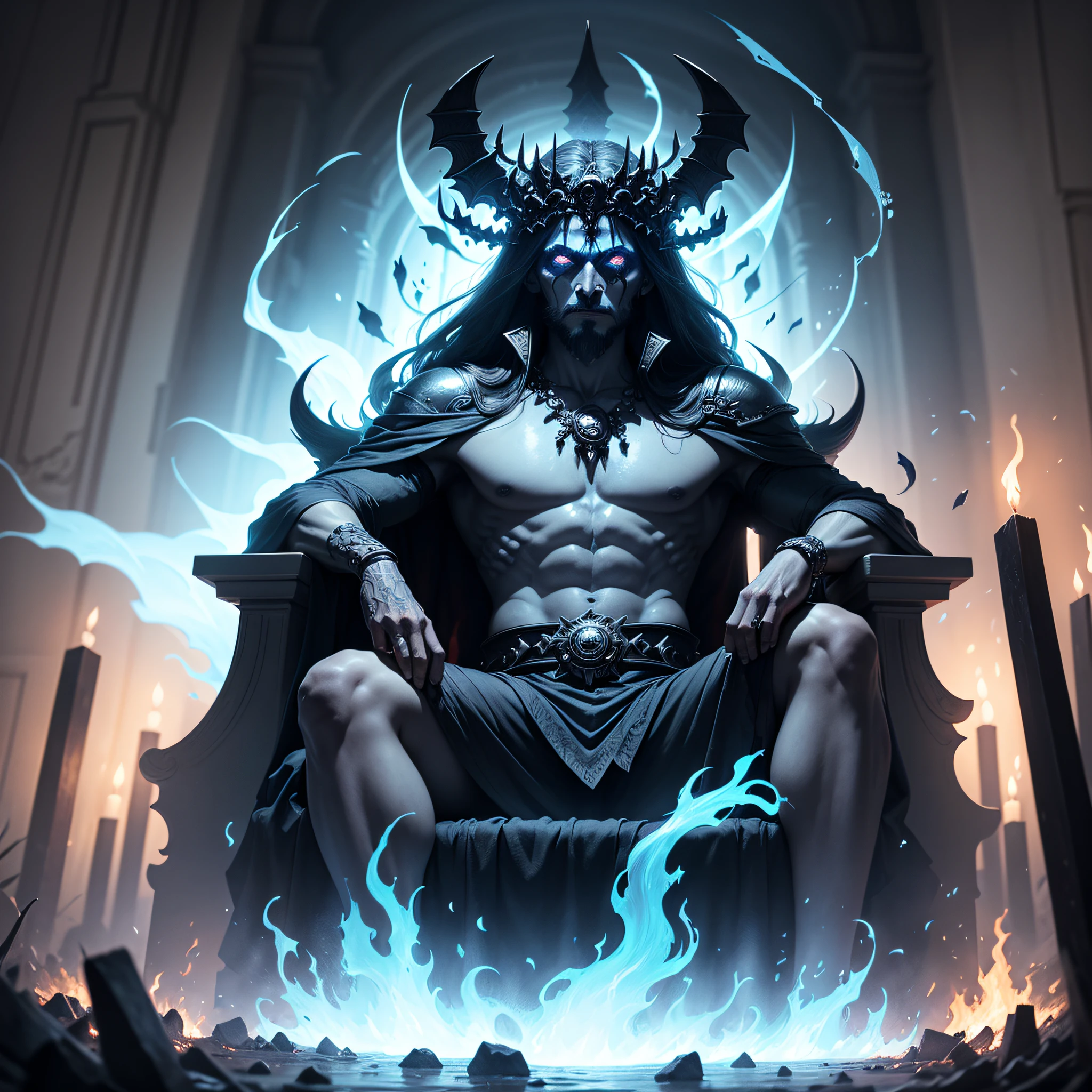 Uma imagem sombria e sinistra de Hades, o deus do submundo, governando sobre as almas dos mortos. He is sitting on his throne of bones and shadows, surrounded by blue flames and anguished spirits. O rio Estige flui ao seu lado, creating an environment of mystery and awe.