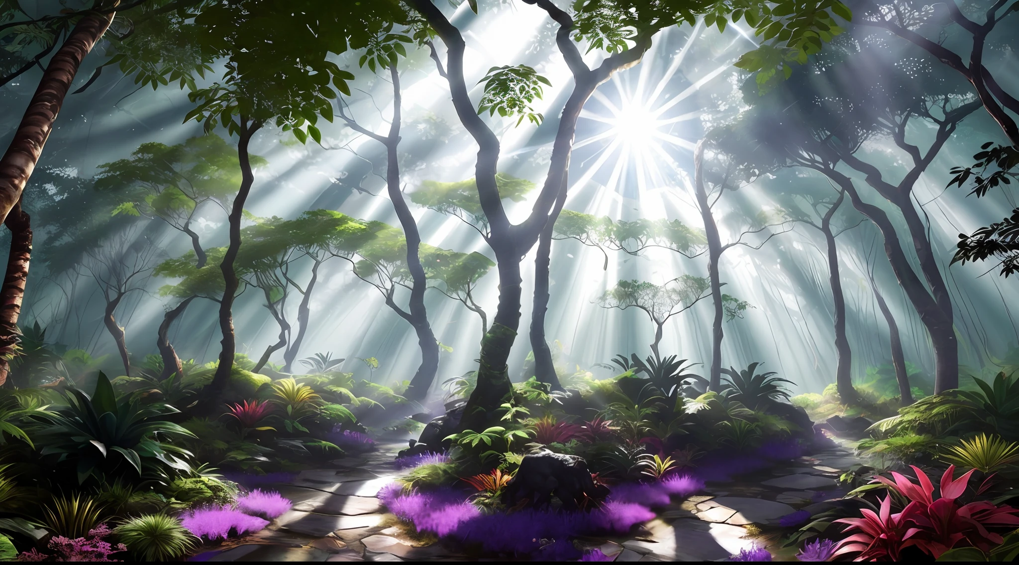 Create an awe-inspiring illustration of a monstrous creature walking through a vibrant tropical forest. The scene should depict the monster in a realistic style, with lush vegetation and dense foliage surrounding it. Use vibrant greens and earthy tones for the color scheme, and ensure the image has high definition and intricate details. Capture the mysterious and awe-inspiring atmosphere of the scene, with sunlight filtering through the trees and creating dappled shadows. The overall mood should be captivating and immersive.