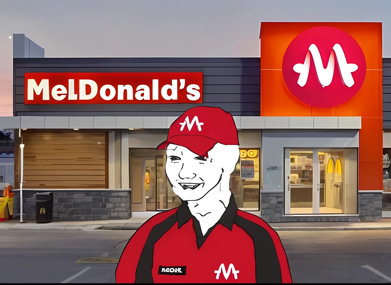 a cartoon image of a man in a red hat standing in front of a mcdonald's, Mcdonald, Elon Musk trabalhando no McDonalds, Trabalhar na McDonalds, MC DONALDS, McDonalds, red ronald mcdonald messy hair, Agora no McDonalds, Imagem de Ronald McDonald, Um McDonalds Gundam, Chewbacca roubando um McDonald's, Restaurante McDonalds, ronald mcdonald, Mesmo, Memes