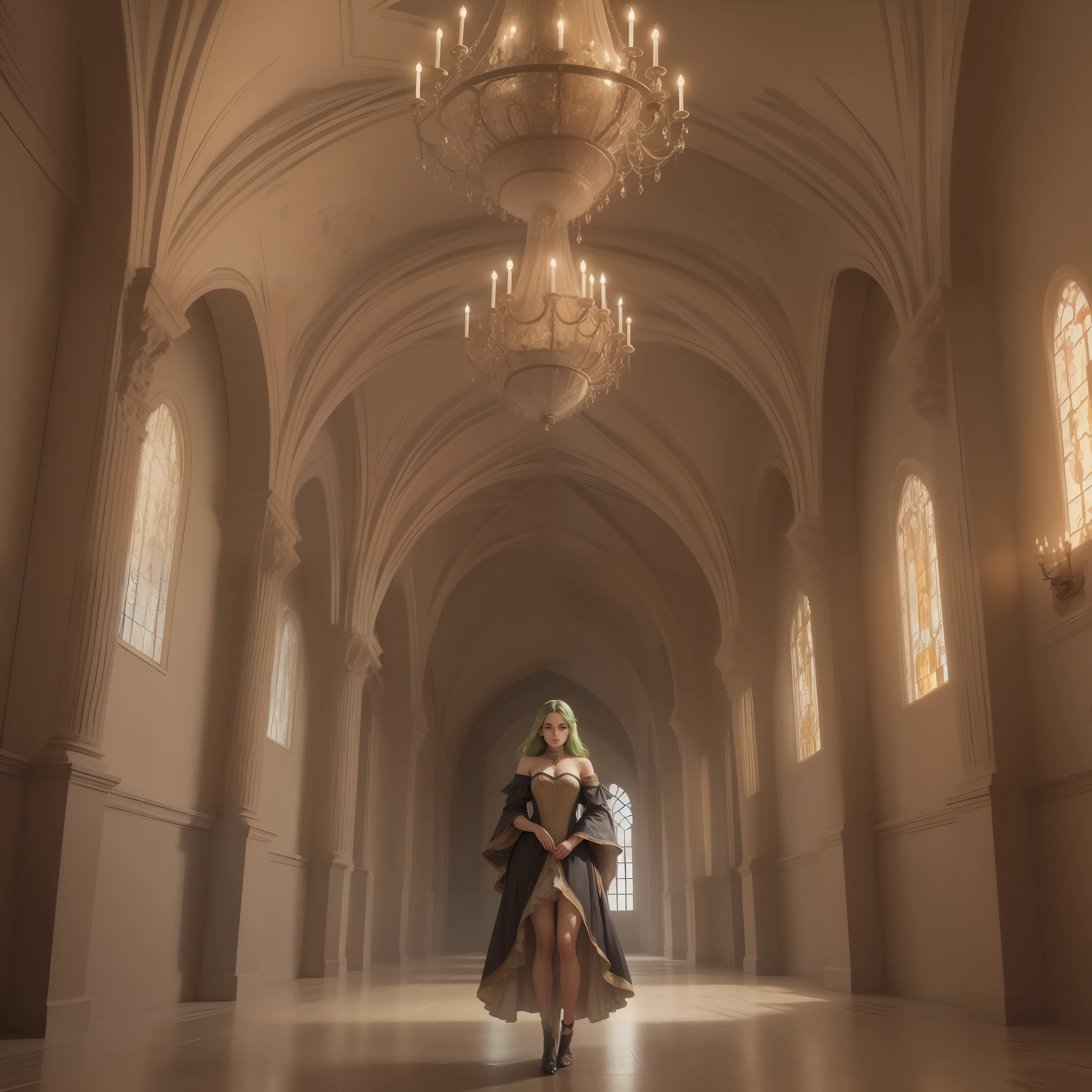 an amazing image, awesome art, melhor qualidade, hd ultra detalhada, cenario escuro, Volumetric lights, Ambiente escuro, A woman in a seductive position, She's standing, cabelos negros, olhos verdes, belo rosto, charming expression, dynamic and elegant, She is in the hall of a medieval castle, the floor with rustic stones adorned by an elegant and adorned carpet, a parede com tochas e escudos.