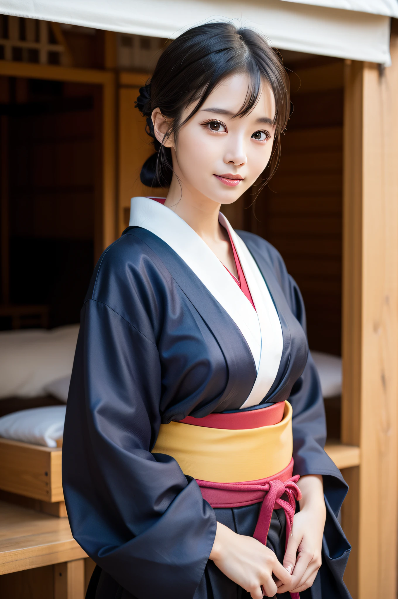 ((the best quality、8K、A masterpice:1.3))、sharp-focus:1.2、(ultra beautiful face:1.0)、(Slender Abs Beauty:1.0)、(shinny skin:1.0)、lifelike picture、black hair、Realistic pupils、Video Lighting、High-definition eyes and face、Video Lighting、(cow-boy shot:1.3)、(Kimono、Hakama、obi:1.4)、(Korean Cute Actress)、Traditional kimono、from front view、HugeBoobs、A slight smile