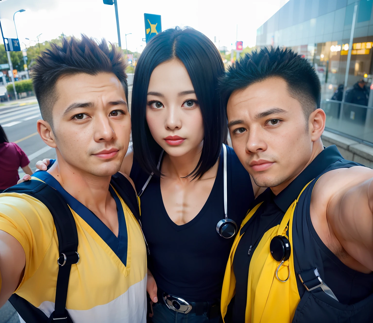 (Best Quality, Masterpiece), (Ultra Detailed Colors), 8K, Raw, Canon 5D, f/1.8, ISO 6400 Certified, Wide Angle, Realism, Movie, Poster, Photo, (detailed face), Three Taiwanese male doctor stand outside a city overpass, mature and handsome, wear doctor uniform and men's thongs,  smiling , taking selfies with their mobile phone. Three police's eyes looking at mobile phone. [sweating:1.2] Drooping sweat,