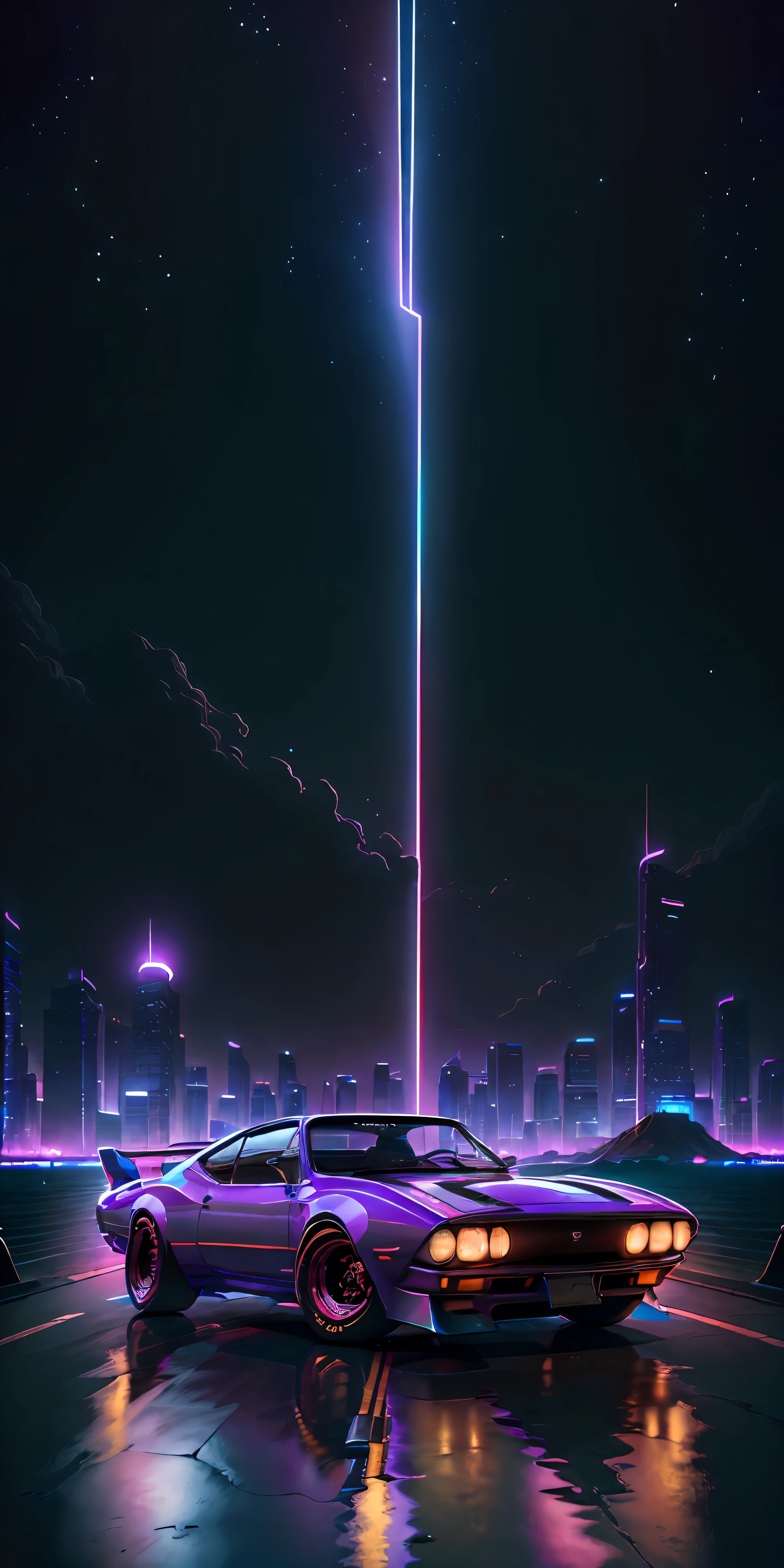retrowave. city, 1969 Nissan S30, wide body kit, road, purple neon lights, sun, mountain,
(masterpiece,detailed,highres),