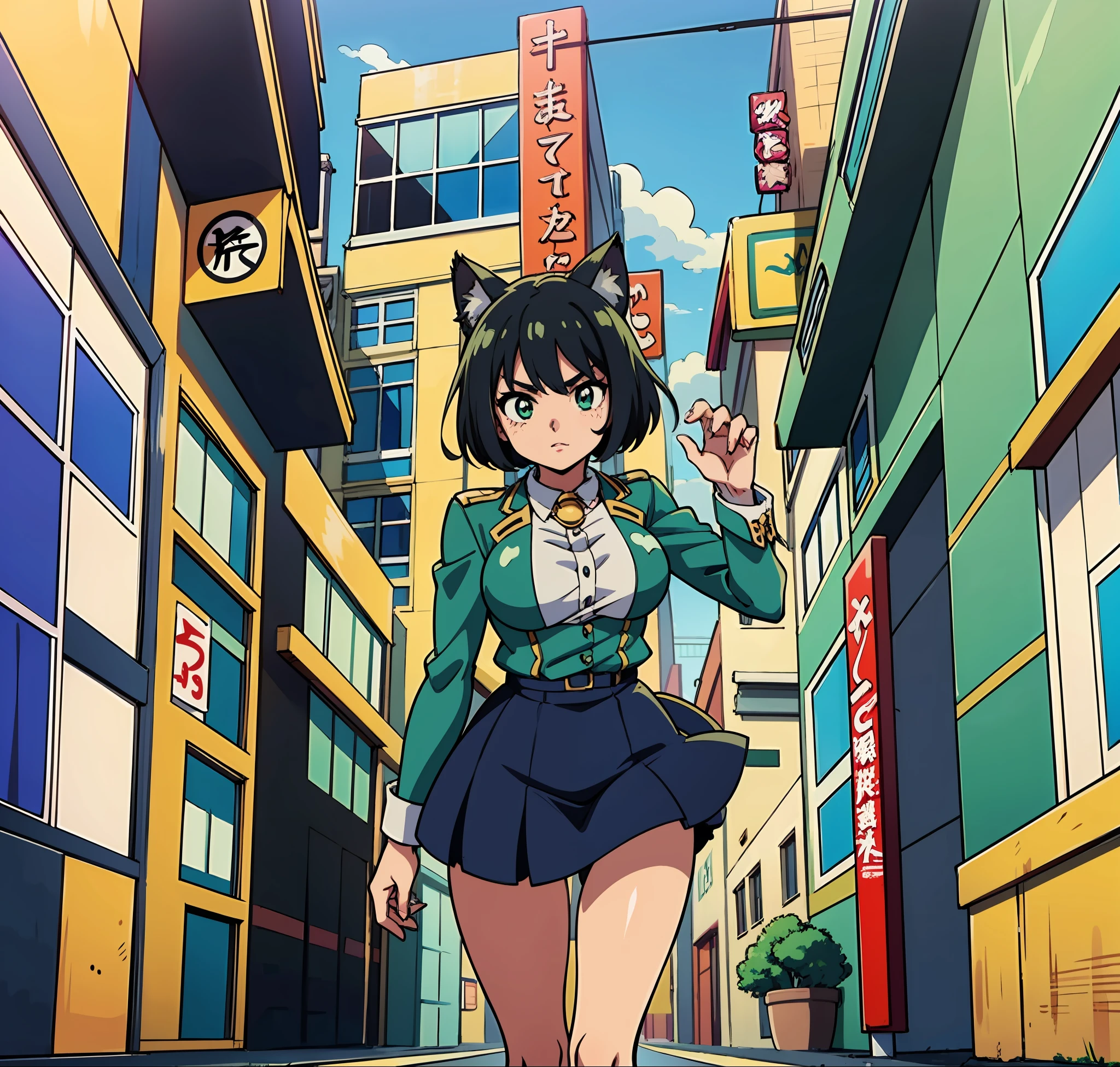 green, nightcore, anime girl in a green uniform and black hair, catgirl, anime cat girl, cat girl, the anime girl is running, female action anime girl, anime character, official character art, anime best girl, anime girl, best anime character design, female anime character, beautiful anime
