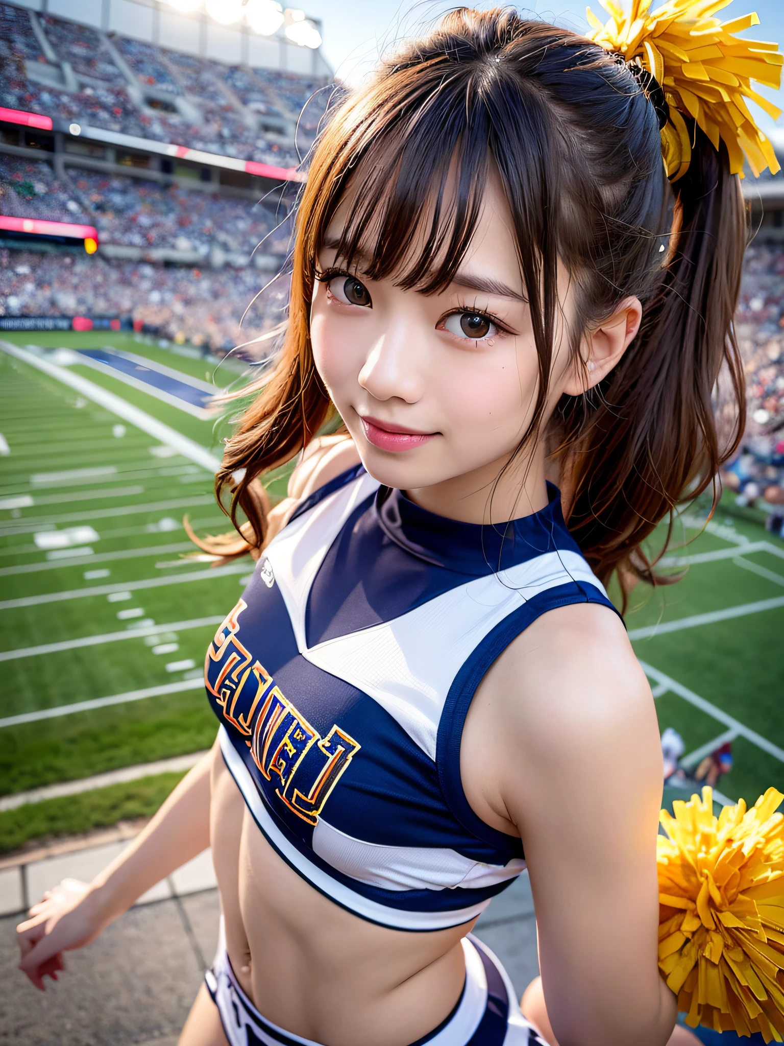 Two Ala-Fed Asian cheerleaders posing dynamically with pom-poms in stadium, close-up, cosplay photo, anime cosplay, small breasts, RAW photo, best quality, high resolution, (masterpiece), (photorealistic:1.4), professional photography, sharp focus, HDR, 8K resolution, complex details, depth of field, Highly detailed CG Unity 8k wallpaper, front light, NSFW, women, girl, beautiful supermodel, smile, slender, small cheer uniform, yellow,