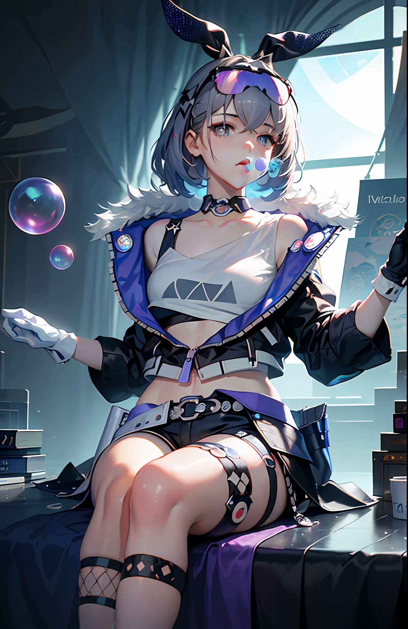 SilverWolf V4, (Masterpiece: 1.2), Best Quality, (Illustration: 1.2), (Hyperdetail), Eye Focus, (Elaborate Glow, Pink Lens Glow), (Movie Background), (((Color)), Ultra Detail, (Fine Detail), (Intricate Detail), Octane Rendering, HDR, (Ultra Detail: 1.15), (Soft Light: 1.2), 1 Girl, Beautiful Girl, Rabbit Ears, Ultra Detailed Eyes, Mature, Plump, Rainbow Drops, (Supermodel:1.3), Composed of Paint, Fully Painted, Sputtering, Splattering, Indoors, (Bioluminescent Hair: 1.1), (Glowing Eyes), ((Makeup)), (Cinematic Masterpiece), Ferocious, Powerful, Splashing Colors Absolutely Eye-catching, (Cinematic Headlights), ((Caustic)), Dynamic Angles, Beautiful Detail Glow, Ambient Occlusion, Ambient Light, Ray-Traced Reflections, (Best Lighting, Extremely Delicate and Beautiful), ((Cinematic Light)), (Soft: 2),. colored glasses, game pixels, retro style, life arcade characters, arcade style world, gloves, jacket, full body, weapon, shorts, black gloves, black jacket, gun, drill hair, black shorts, glasses on the head, blowing bubbles, chewing gum