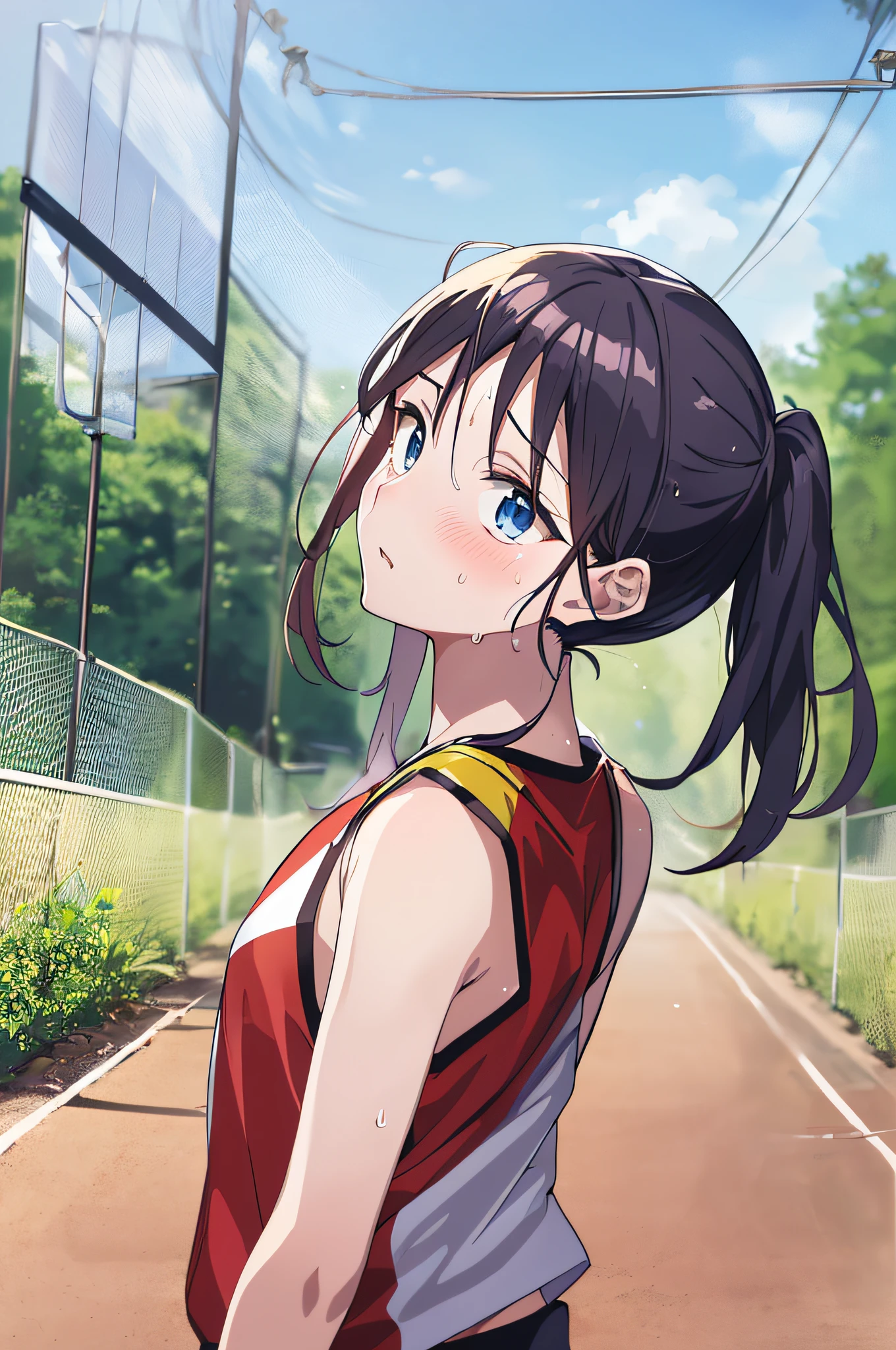 (the best quality,アニメ,Anime Art Style:1.2), babes, ars, the sweat、Playing Basketball,Intense angle、Strenuous movements,looking away,deadpan