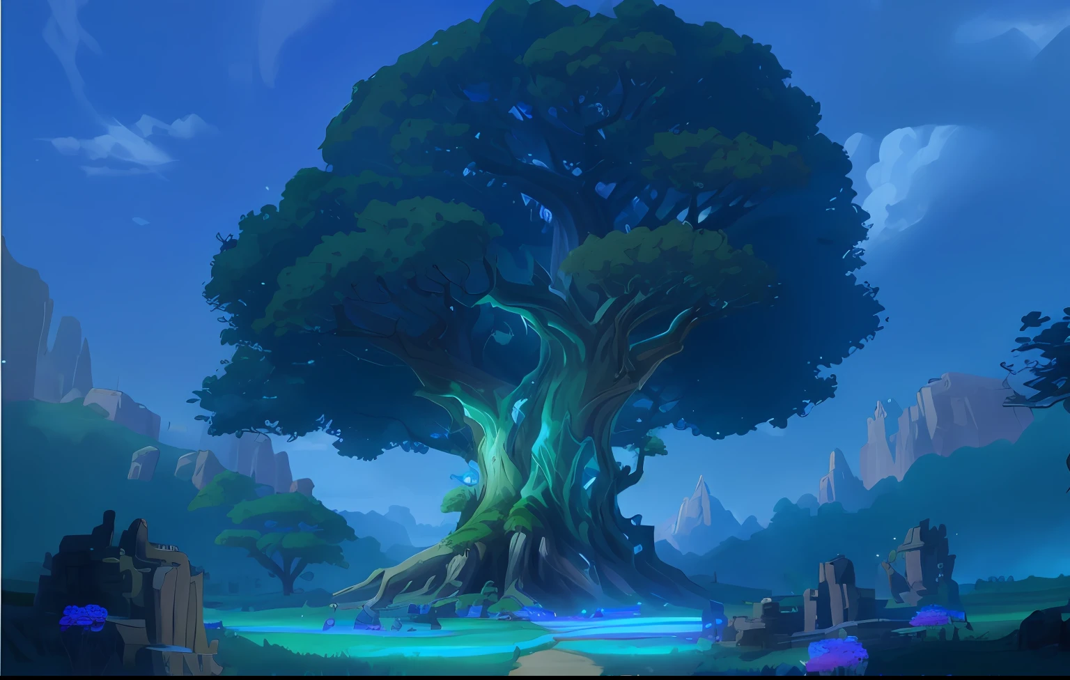 cartoon style picture of a tree with a blue sky in the background, Stylized concept art, age-old tree, large magical trees, painted as a game concept art, magic tree, Fantasy Tree, magic tree, arte de fundo, world tree, treant, hearthstone concept art, world tree, yggdrasil, concept art magical highlight, background artwork