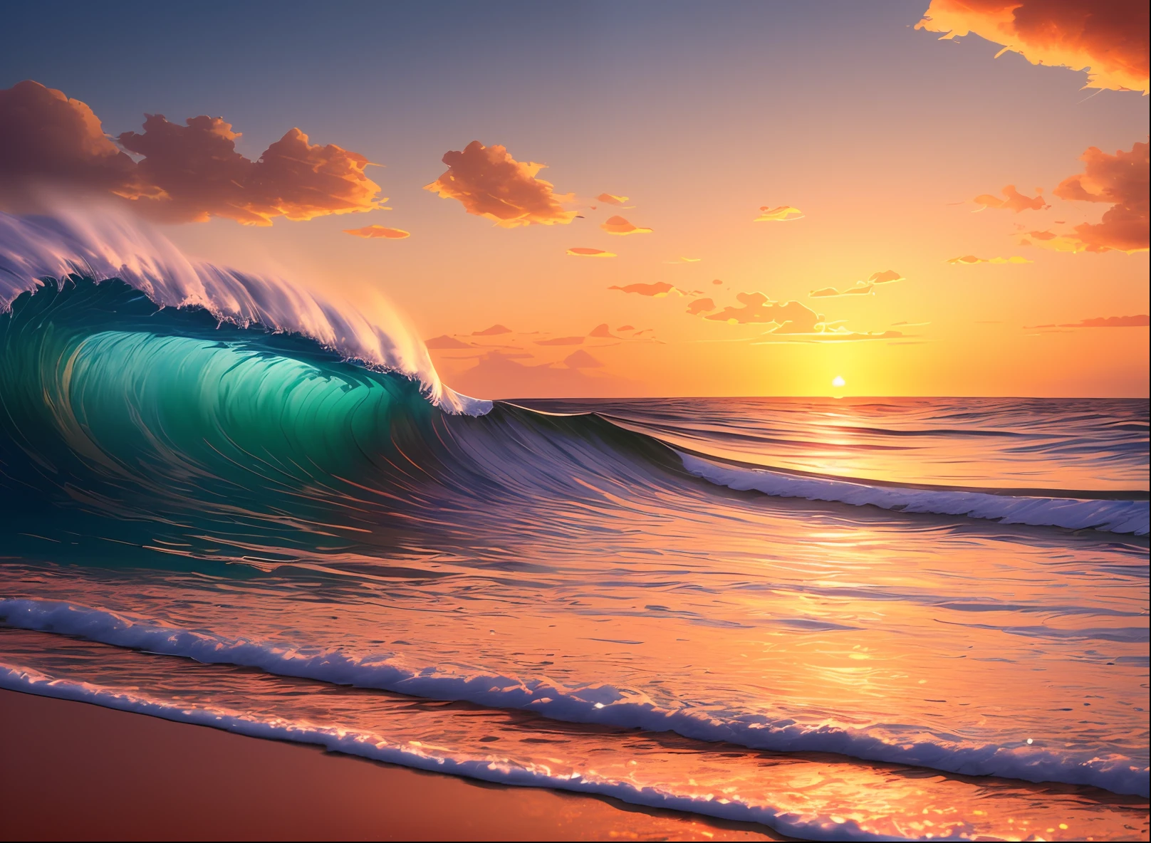 Masterpiece, best quality, (8k very detailed CG unit wallpaper) (best quality), (best illustration), (best shadows) a golden sea wave, bright orange aol sunset through the wave, golden droplets flying, (:1.6)