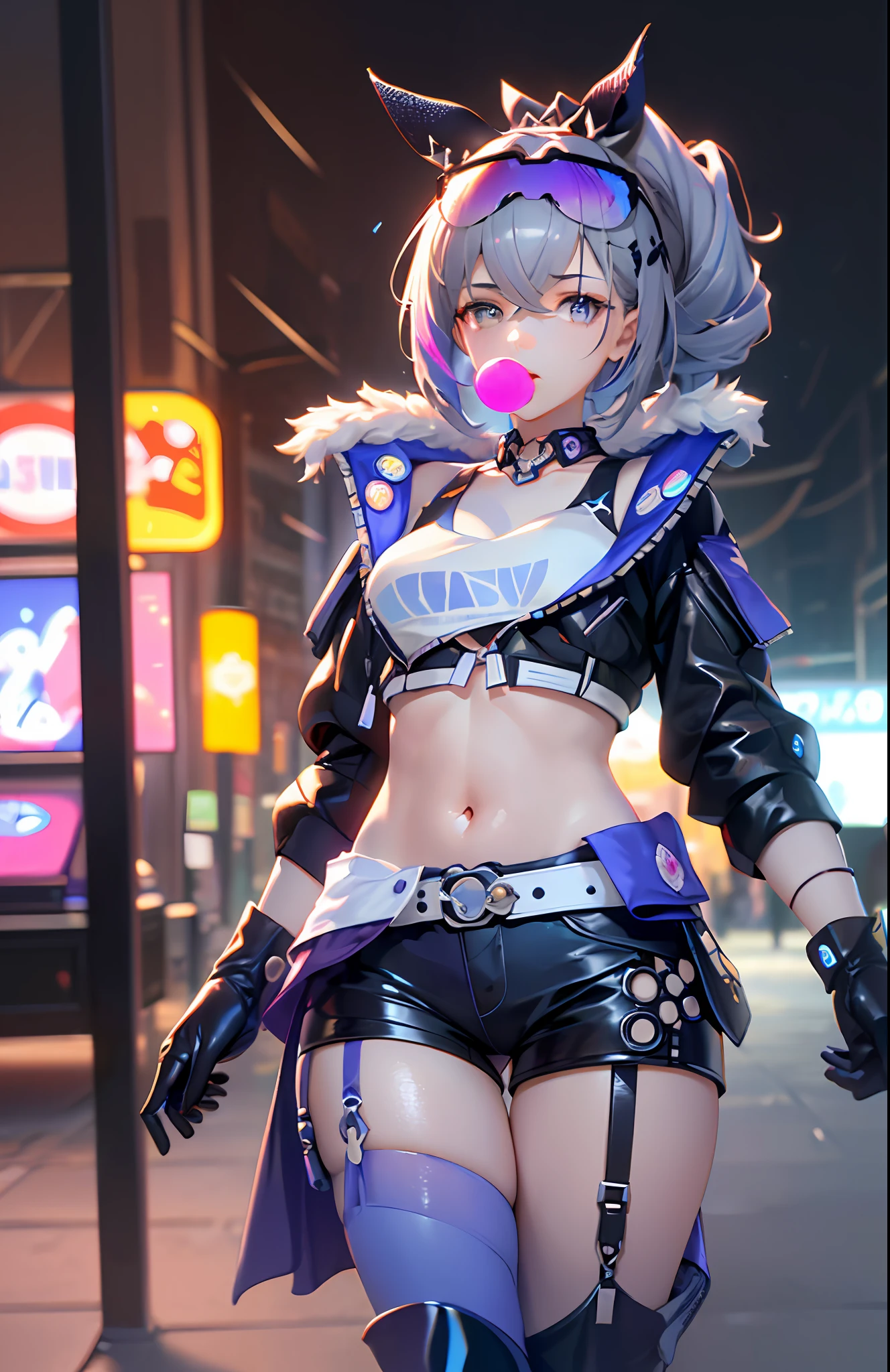 SilverWolf V4, (Masterpiece: 1.2), Best Quality, (Illustration: 1.2), (Hyperdetail), Eye Focus, (Elaborate Glow, Pink Lens Glow), (Movie Background), (((Color)), Ultra Detail, (Fine Detail), (Intricate Detail), Octane Rendering, HDR, (Ultra Detail: 1.15), (Soft Light: 1.2), 1 Girl, Beautiful Girl, Rabbit Ears, Ultra Detailed Eyes, Mature, Plump, Rainbow Drops, (Supermodel:1.3), Composed of Paint, Fully Painted, Sputtering, Splattering, Indoors, (Bioluminescent Hair: 1.1), (Glowing Eyes), ((Makeup)), (Cinematic Masterpiece), Ferocious, Powerful, Splashing Colors Absolutely Eye-catching, (Cinematic Headlights), ((Caustic)), Dynamic Angles, Beautiful Detail Glow, Ambient Occlusion, Ambient Light, Ray-Traced Reflections, (Best Lighting, Extremely Delicate and Beautiful), ((Cinematic Light)), (Soft: 2),. colored glasses, game pixels, retro style, life arcade characters, arcade style world, gloves, jacket, full body, weapon, shorts, black gloves, black jacket, gun, drill hair, black shorts, glasses on the head, blowing bubbles, chewing gum