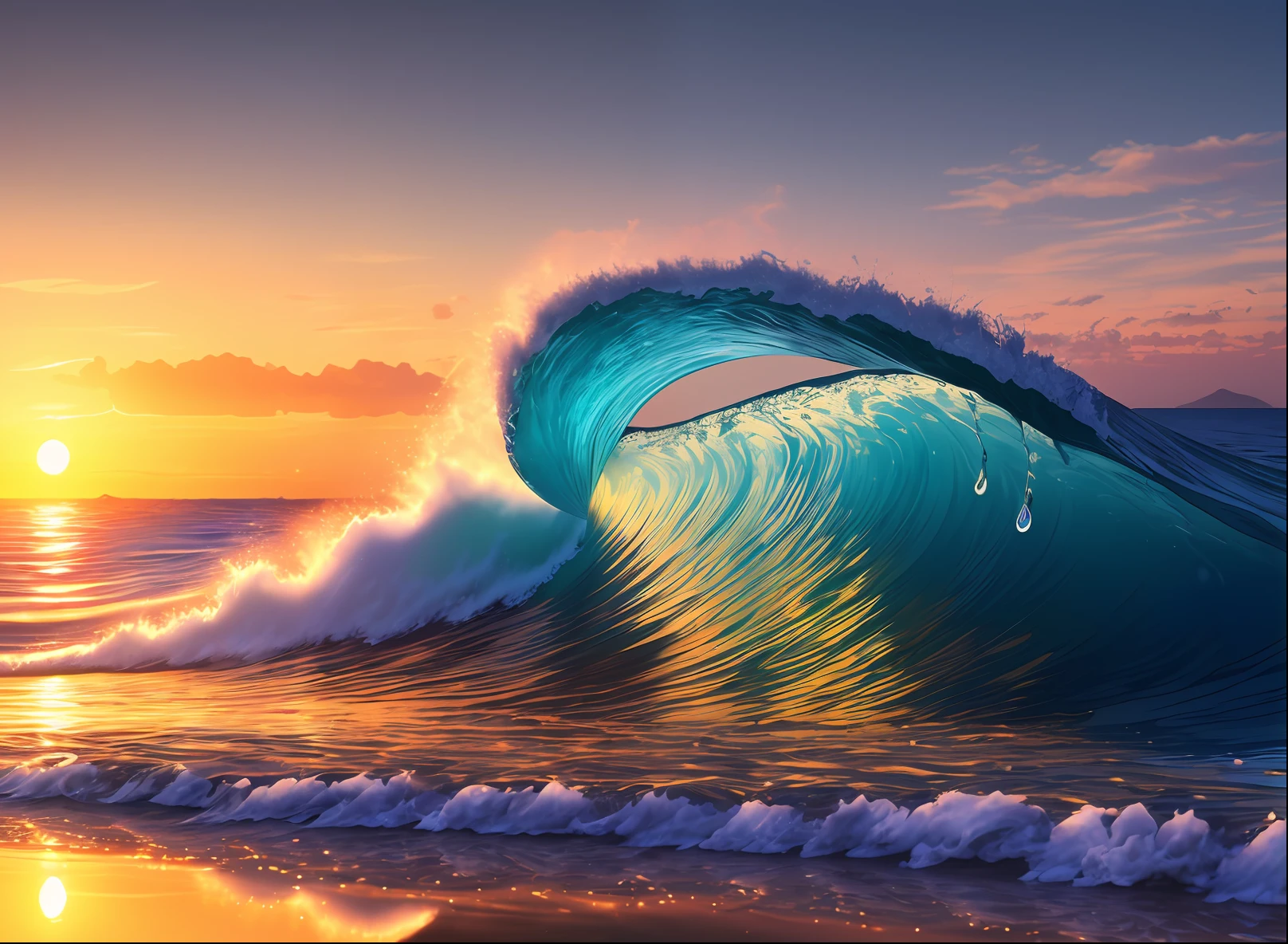 Masterpiece, best quality, (8k very detailed CG unit wallpaper) (best quality), (best illustration), (best shadows) a golden sea wave, bright orange aol sunset through the wave, golden droplets flying, (:1.6)
