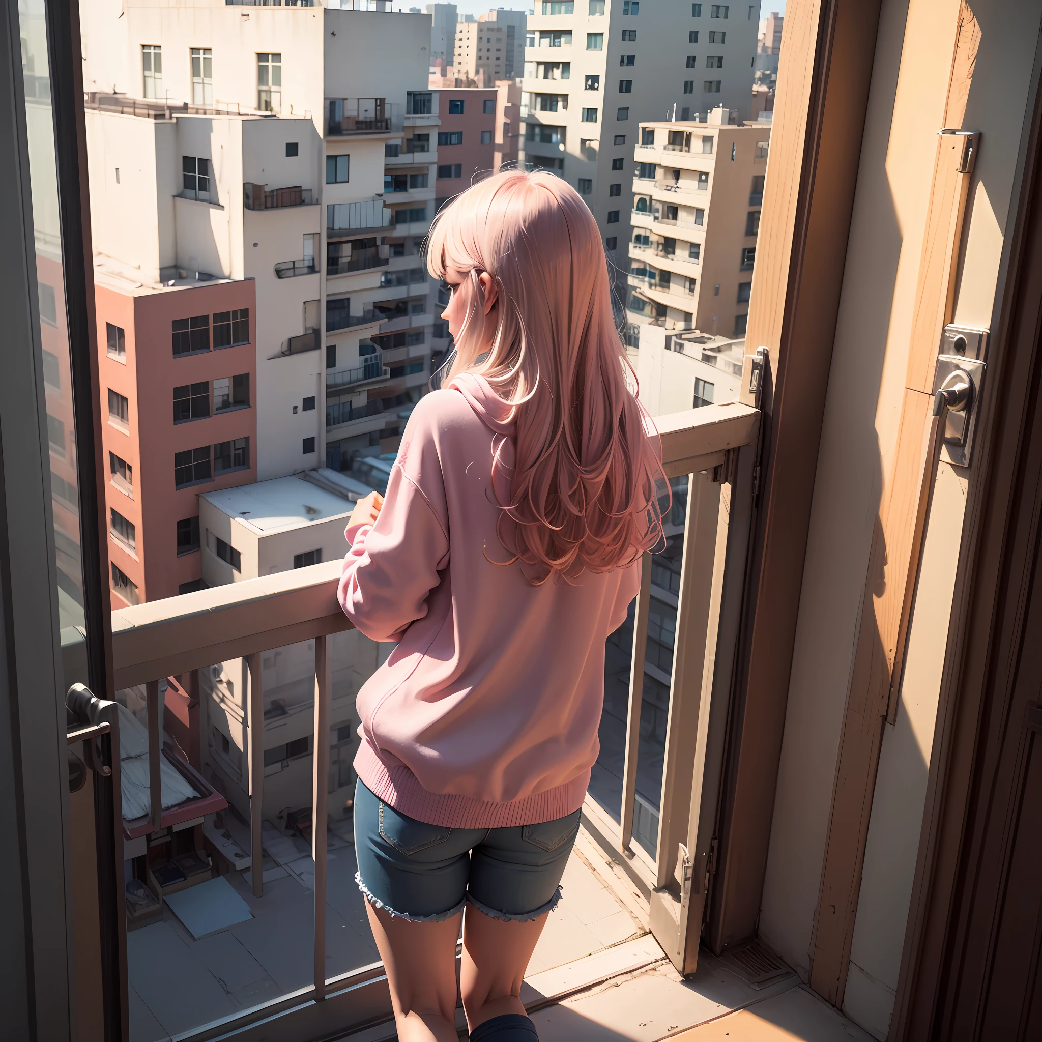 thanks, now make it generate a full body draw of a girl in anime style, she must be extreme detailed, she's using a pink sweter, jeans shorts,  colorful socks  shoes, the background must be detailed as well, colorful, the time is 9pm, she is in the balcony of her room, she's supporting her arms in the balcony, she seems thoughtful, looking straight to the balcony view of the city --auto