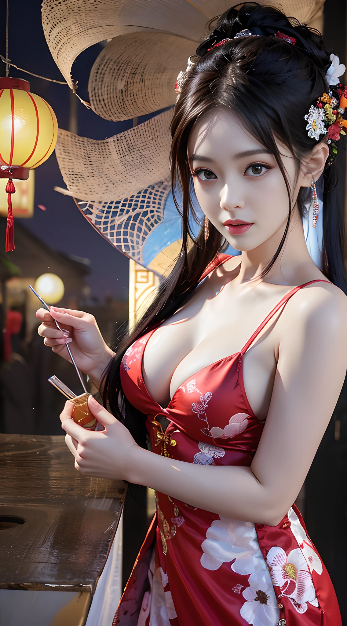 NSFW，（autumn night），[：（facial detail：1.2）：0.2]，RAW photos，最佳质量），（Realiy，photoRealstic：1.30），Bokeh，8k-UHD，Slr，subdued lighting，highly quality，movie grain，nmasterpiece，super-reality，32K，extremly detailed的CG unity 8k wallpaper，Best qualities， 1girls，（beauty girl face：1.2），NSFW，独奏，Style Glass，（middlebreasts，big breasts thin waist：1.2），（looking at the spectator），Floating in the sky，smog，Clouds，in sky，brightly colorful，Full of dynamism、mystical colors、Contemporary Impressionism、Portrait of Cheng Hiko、Iris painting、3/4 perspective、Cute face、low-angle、Sweep circle composition、（chinese traditional red dress：1.2）、（wear like a chinese bride）、Chinese wedding，Lanterns，Red candles，