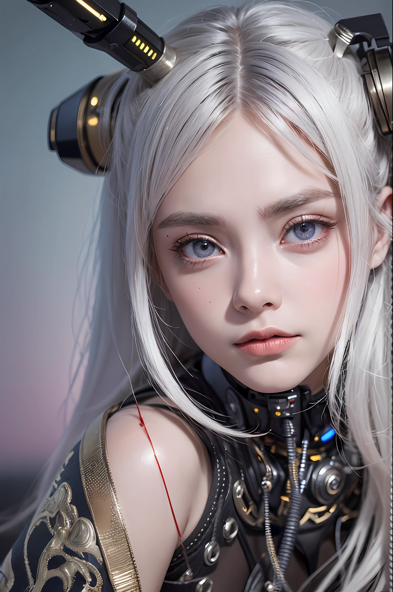 Top Quality, Masterpiece, Ultra High Resolution, (Photorealistic: 1.4), Raw Photo, 1 Girl, White Hair, Glossy Skin, 1 Mechanical Girl, (Ultra Realistic Details)), Portrait, Global Illumination, Shadows, Octane Rendering, 8K, Ultra Sharp, Big, Cleavage Exposed Raw Skin, Metal, Intricate Ornament Details, Cold Color, Egyptian details, very intricate details, realistic light, CGSoation trend, purple eyes, glowing eyes, facing the camera, neon details, mechanical limbs, blood vessels connected to tubes, mechanical vertebrae attached to the back, mechanical cervical attachment to the neck, sitting, wires and cables connecting to the head, evangelion, small LED lamp,