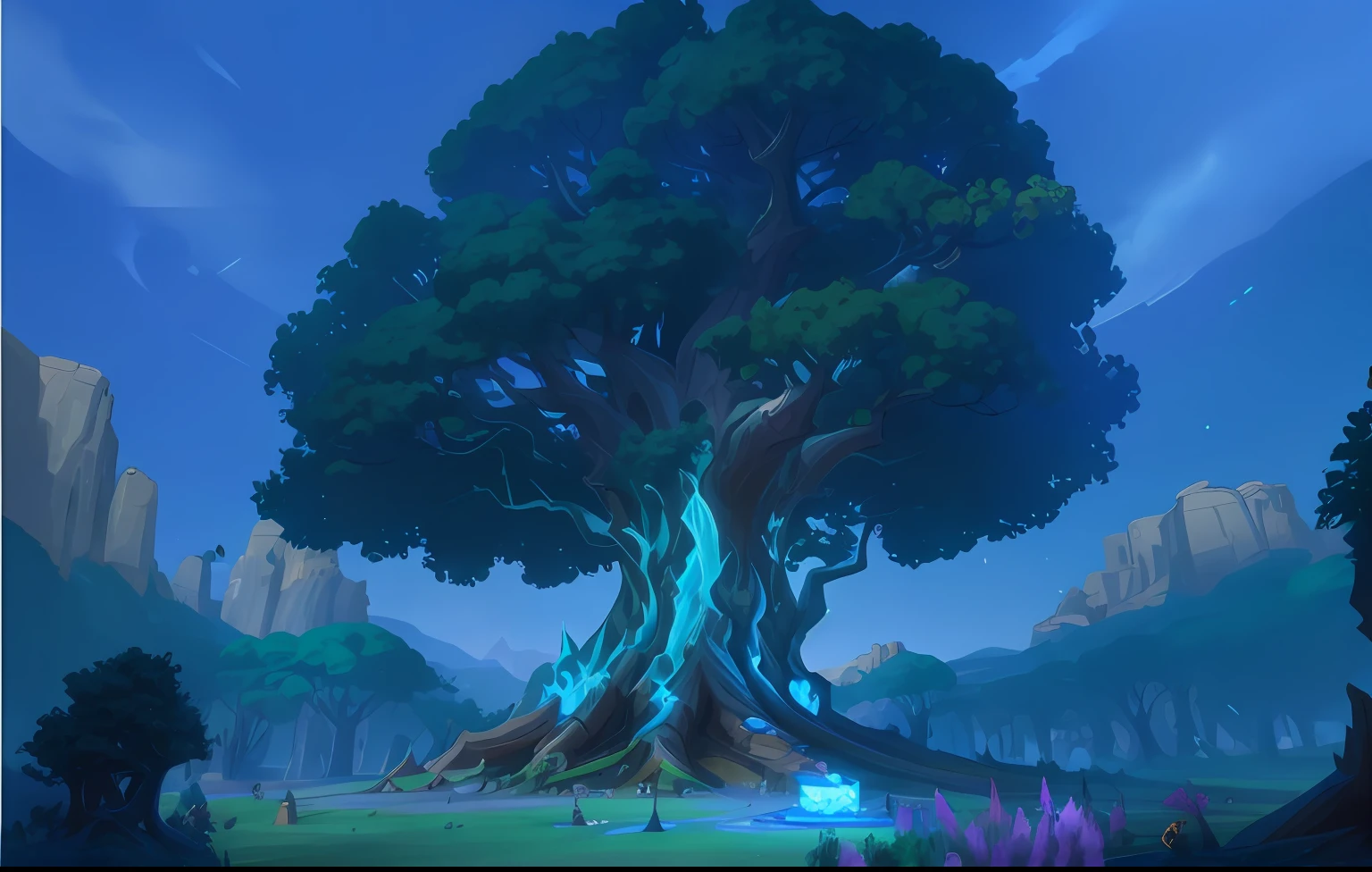 cartoon style picture of a tree with a blue sky in the background, Stylized concept art, age-old tree, large magical trees, painted as a game concept art, magic tree, Fantasy Tree, magic tree, arte de fundo, world tree, treant, hearthstone concept art, world tree, yggdrasil, concept art magical highlight, background artwork