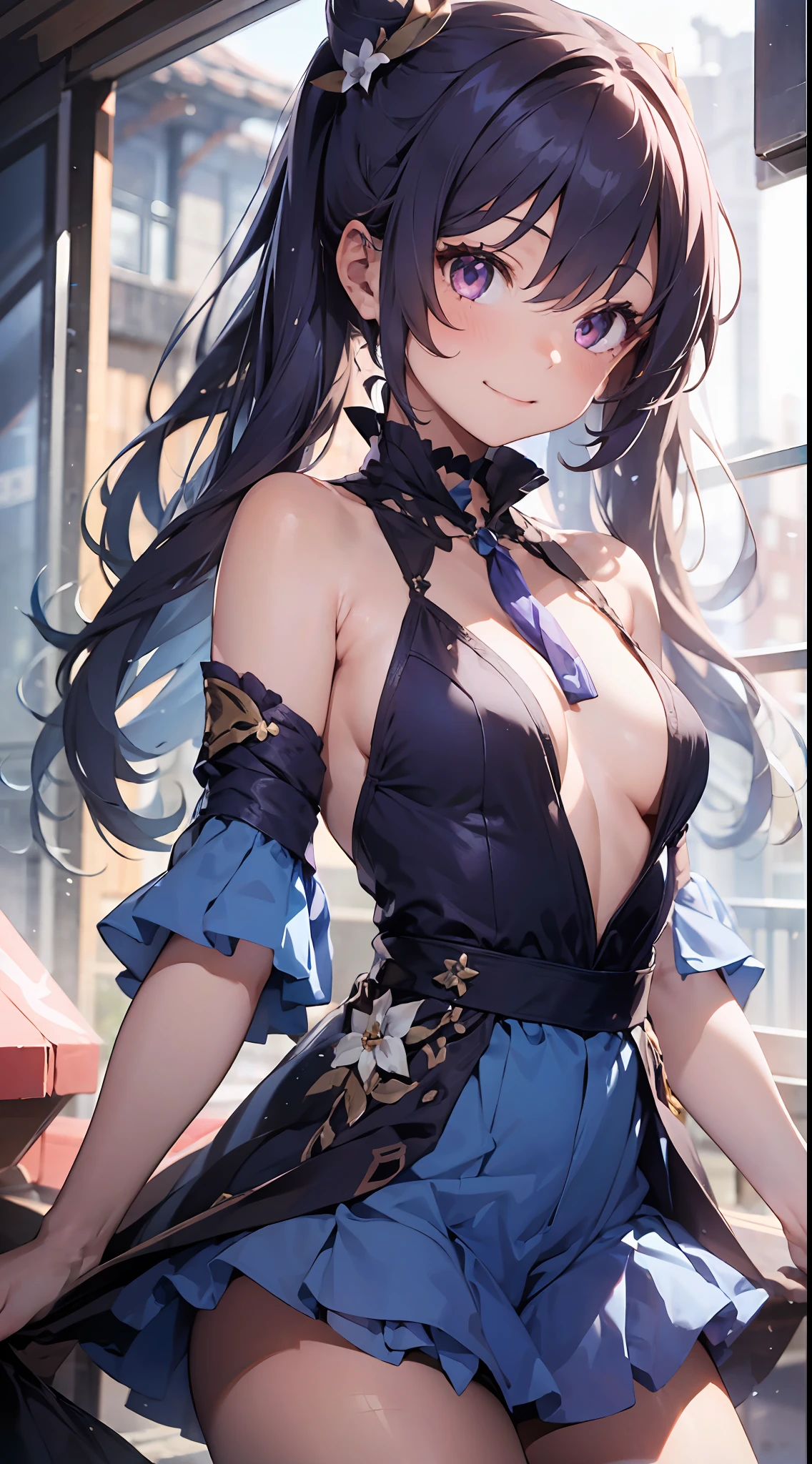 1girl, (solo:1.2), ((masterpiece)), [slim], (small chest), pale skin, ((detailed eyes)), (bokeh effect), dynamic pose, medium shot, keqingdef, purple hair, hair vent, purple dress, closed mouth, smiling, bare shoulders