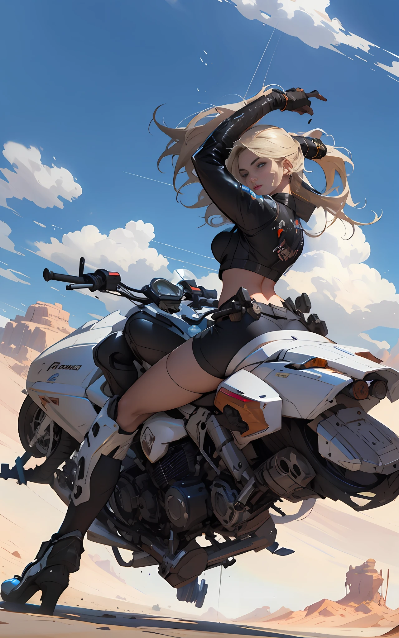 blond woman riding a motorcycle in the desert with a sky background, ross tran style, ross tran. scenery background, Ross Tran 8 K, wojtek fus, in the style of ross tran, Artgerm and Atey Ghailan, wlop and krenz cushart, krenz cushart and artgerm, cushart krenz key art feminine
