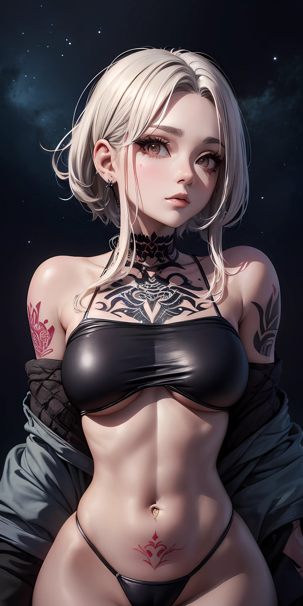 ((One woman)), night city, neon, perfect starry sky, UHD, high detail, high quality, super detail, ultra-fine illustration, 16k, odd eye,Ghibli, gray hair, micro bikini, plain bikini, ((bikini with less fabric)), big eyes, long eyelashes, very long eyelashes, ethnic tattoos, (tattoos that cover the entire body), ((lots of tattoos)), tattoos on the chest, tattoos on arms, tattoos on fingers, (tattoos all over the chest), beautiful features, neutral facial features, (short hair)