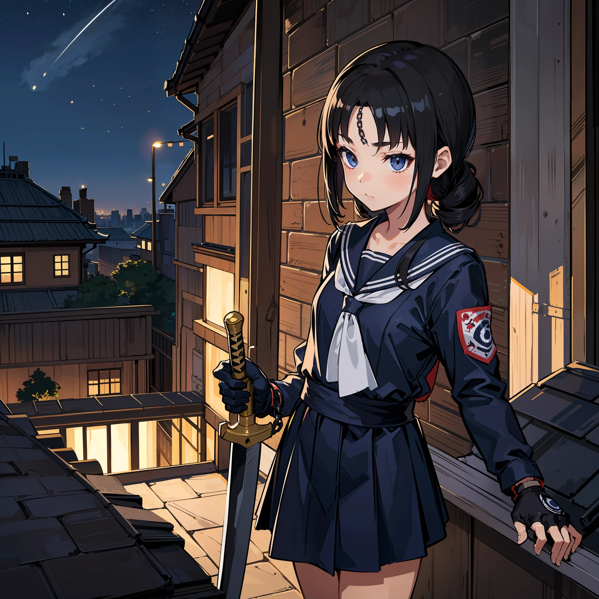 A girl、Backroom business、bounty hunter、Survival knife、Shibuya、ninjas、sailorsuit、chain mail、Open Finger Gloves、Ninja Sword、night scenery、On the rooftop、muffler、Enemy Ninja、Success、High Kick、Forehead Rest、thights、Cladding