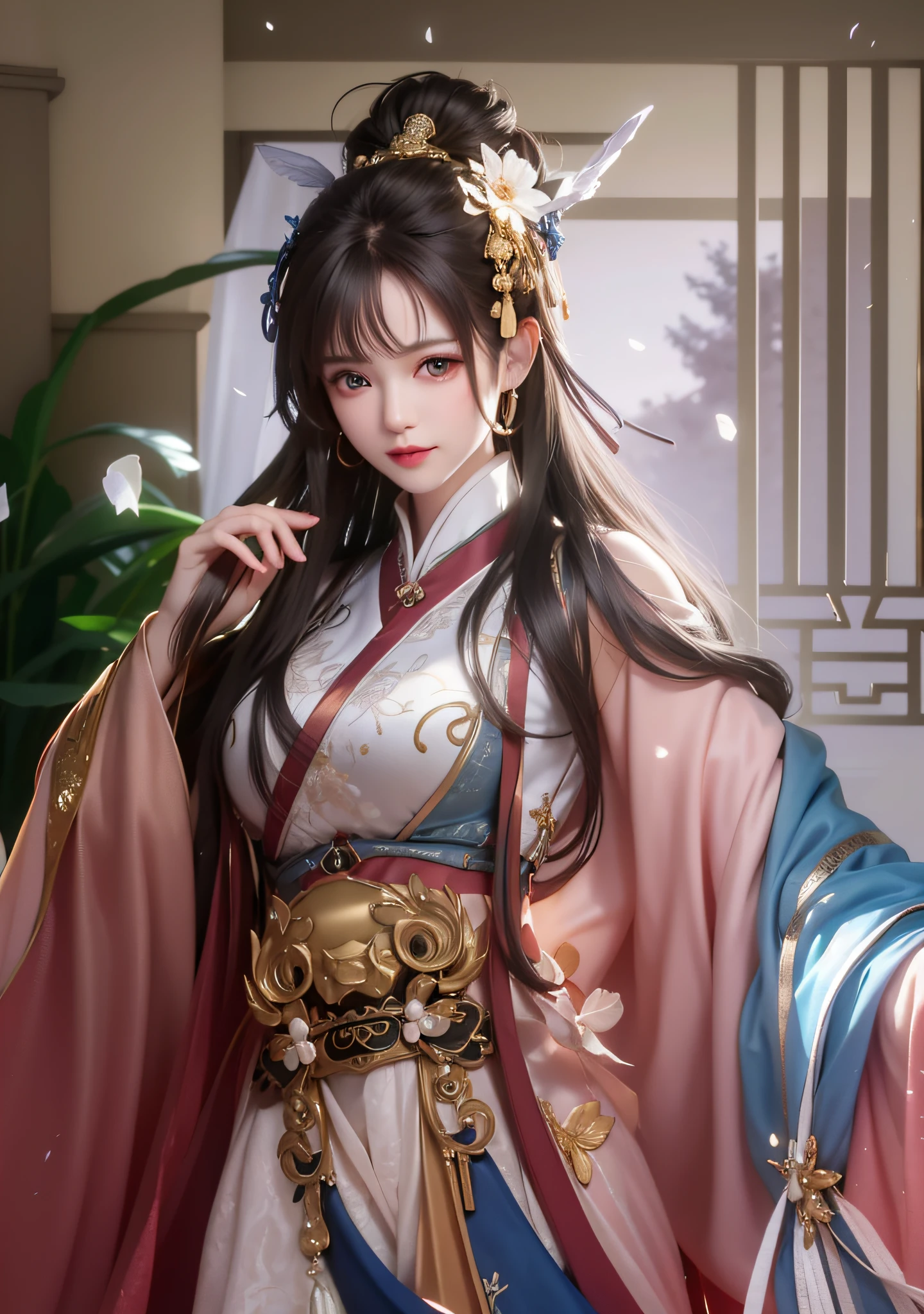 best quality, masterpiece, highres, (exquisite body:1.5),gorgeous face,(milky skin:1.3),intricate details,high resolution,wallpaper,
1girl, solo, dress, hair ornament, (((gold and red dress))), flowers, long hair, brown hair, closed mouth, jewelry, long sleeves, hand up, wide sleeves, big eyes,floating hair, chinese clothes, hanfu, embroidery, long skirt, natural pose, falling petals, indoor,fanning, lantern,
16K,HDR,highres,depth field,(film grain:1.1),boken,golden hour,(lens flare),vignette,rainbowing,(color grading:1.5)