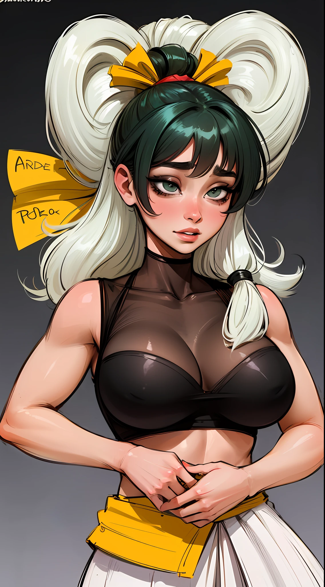(obra-prima:1.4), (melhor qualidade), (detalhado) uma garota linda, cabelo preto e branco,e olhos verdes, seio grande, perna grossa, bunda grande, roupa apertada hentai