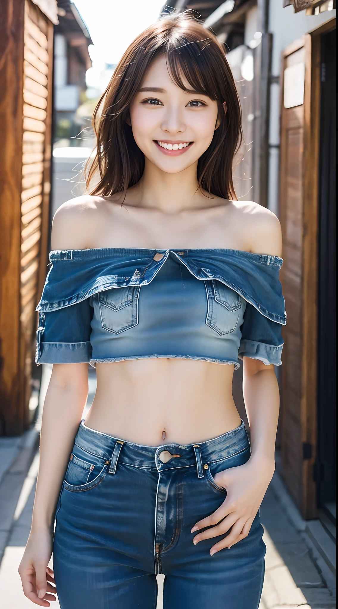 Photo Finish、slender、kawaii、Japan Beauty、Very very cute face、smiling slightly、Fine skin、Thin denim off-shoulder、Very small underwear、realphoto、Cinematic light、Clothes are taken off、magic hour