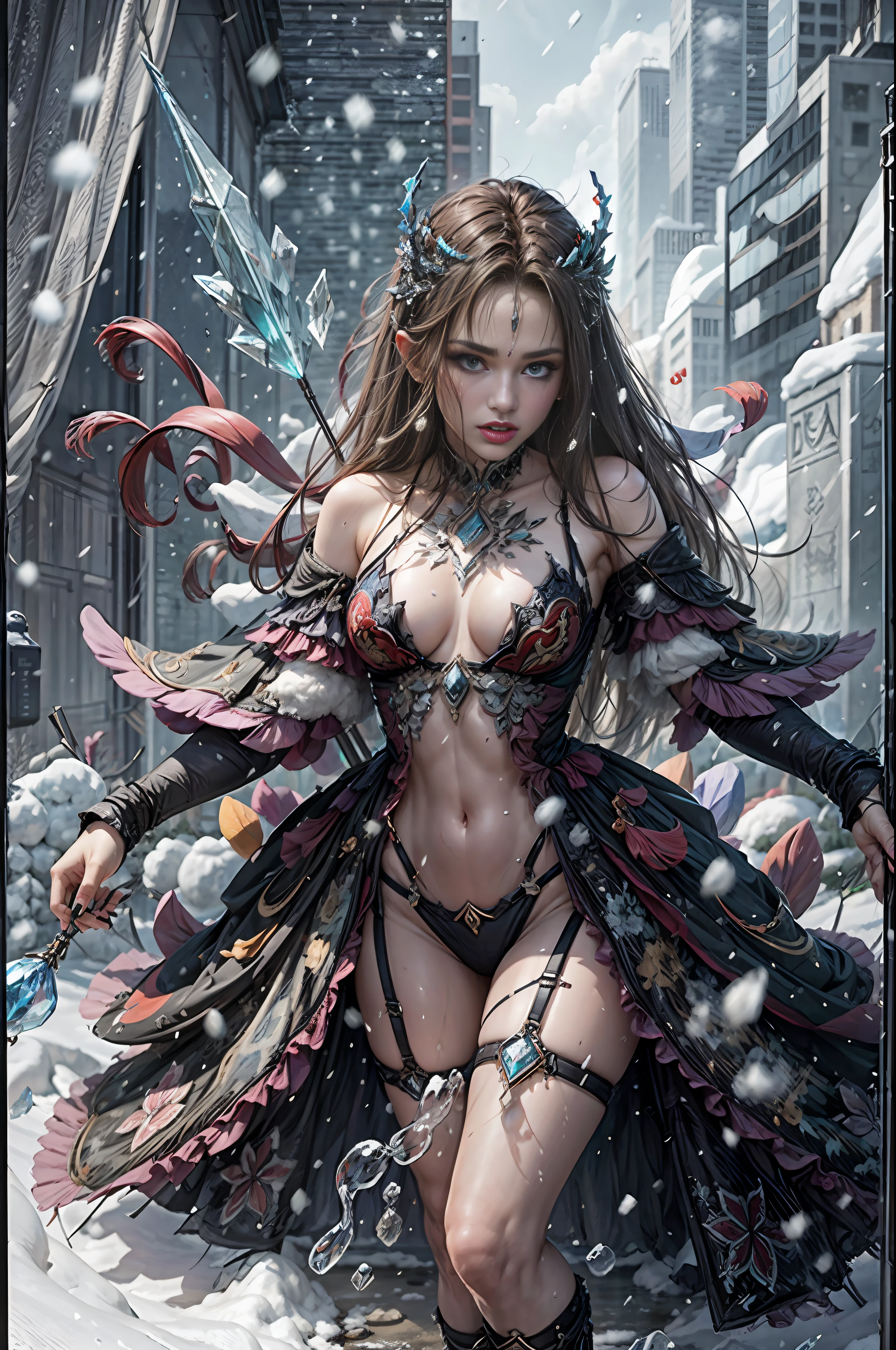 Princesa Elfa, A beautiful demonic sorceress conjuring ice, standing and looking at the spectators, several ice streams around you, (((detalhado rosto perfeito))), sorriso leve, rosto bonito, corpo sedutor, corpo alto, corpo maduro, BREAK aura de gelo, ice spear, muito fragmento de gelo, fragmento de gelo azul e branco deslumbrante ao redor, small ice phoenix flying in the background, Crystal and snow on the ground, blizzard, corpo sexy BREAK, detalhado, realista, 4k arte digital altamente detalhada, octane render, bioluminescente, BREAK 8K resolution concept art, realismo, por Mappa studios, obra-prima, melhor qualidade, arte oficial, illustration, ligne claire, (cool_color), seamless composition, absurdres, fantasia, focado, rule of thirds,