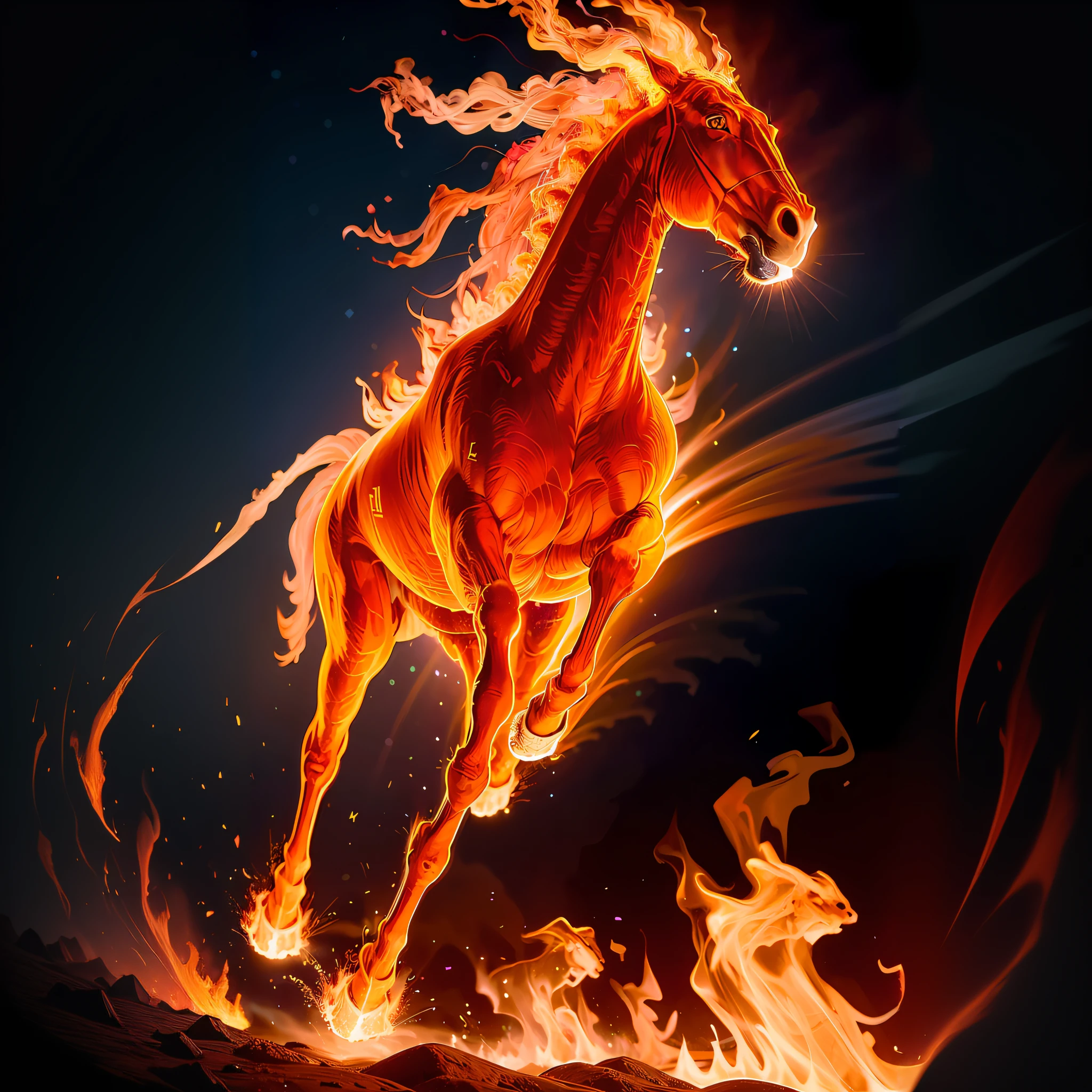 fiery horse running through a field of fire with a dark background, fire and flames mane, digital horse, stunning digital illustration, highly detailed digital painting, digital painting highly detailed, Amazing digital art, fires!! Hyperrealistic, stunning digital painting, Beautiful digital artwork, very detailed digital painting, amazing wallpapers, 4k highly detailed digital art, stunning digital art