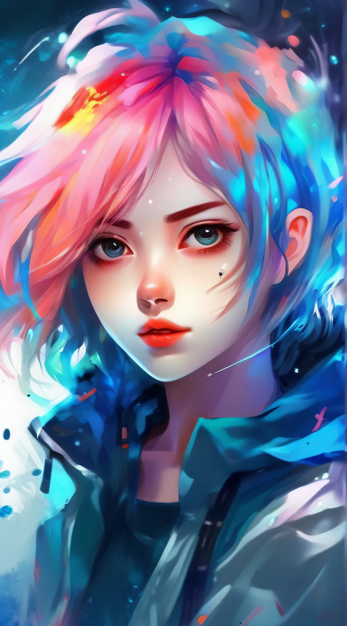 A girl with bright hair and a blue jacket looks at the camera,Abstract artwork,Inspired by Yuumei,digital anime art,Color digital painting,Rossdraws cartoon vitality,Anime style 4 K,alice x. zhang,By Yuumei,digital anime illustration,a beautiful anime portrait,(Paint splashes and splashes of nebula colors on canvas 1.2),vibrant digital painting,Detailed digital anime art,anime digital art