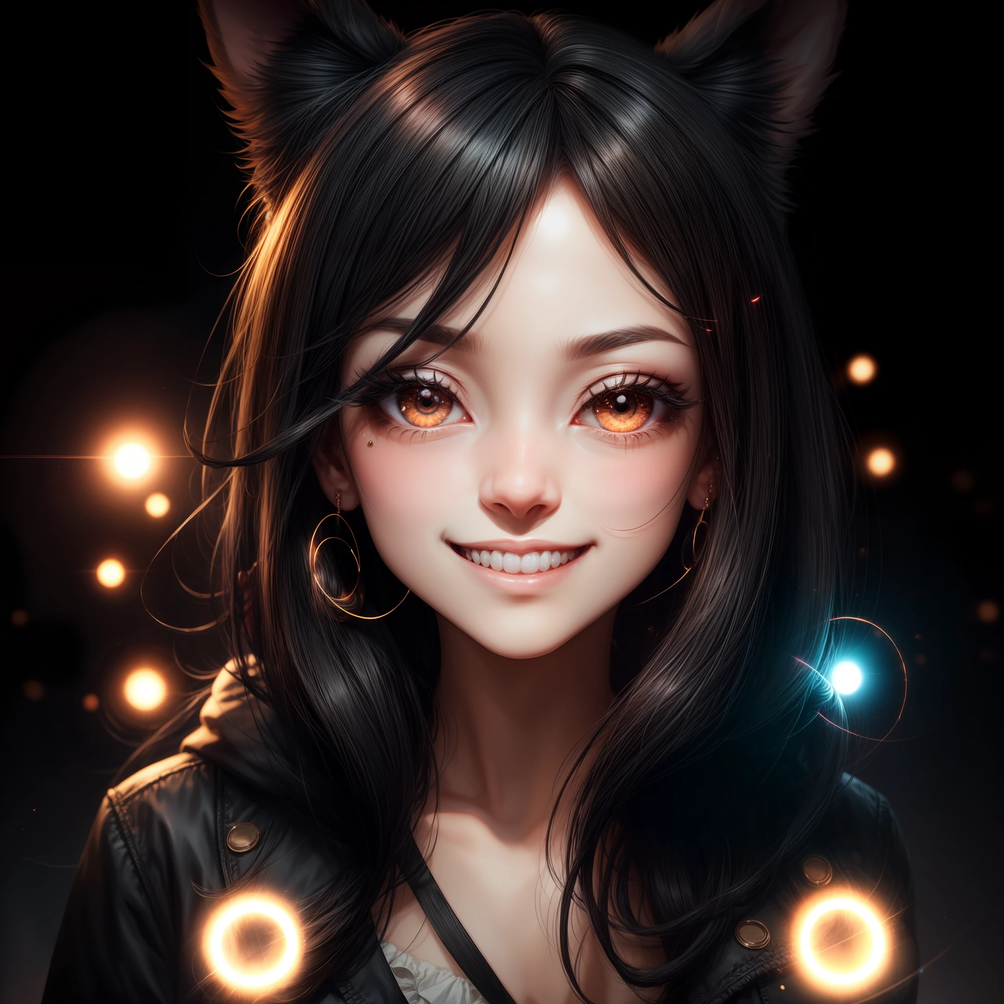 black hair, hair bobbles, wince, longeyelashes, solid circle eyes, fake animal ears, light smile, ear blush, fang, Surrealism, drop shadow, anaglyph, stereogram, tachi-e, pov, atmospheric perspective, 8k, super detail, ccurate, best quality --auto