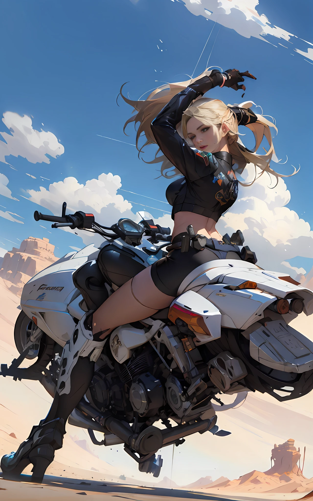 blond woman riding a motorcycle in the desert with a sky background, Single ponytail hair，flowing long hair，azure sky，Ross Tran 8 K, ross tran style, ross tran. scenery background, wojtek fus, in the style of ross tran, by Yang J, Artgerm and Atey Ghailan, wlop and krenz cushart, Guweiz on ArtStation Pixiv