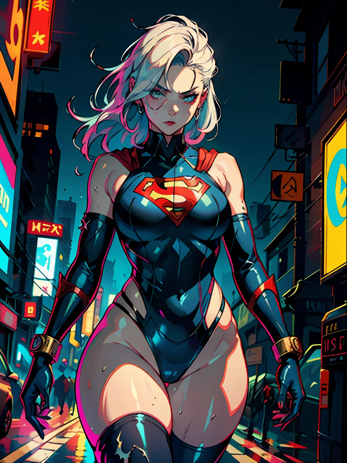 a digital painting of supergirl merging with venom, long hair, cyberpunk art by Josan Gonzalez, winner of the behance contest, afrofuturism, synthwave, neon, shiny neon, thick thighs, thin waist, sensual, nsfw, little clothing, erotic art, anime, torn battle clothes, extremely sexualized, sweaty body, NSFW, big breasts, big ass, HD, 8k, High quality, details, perfect body, Highlight the body, detail on the perfect face, detail in the background