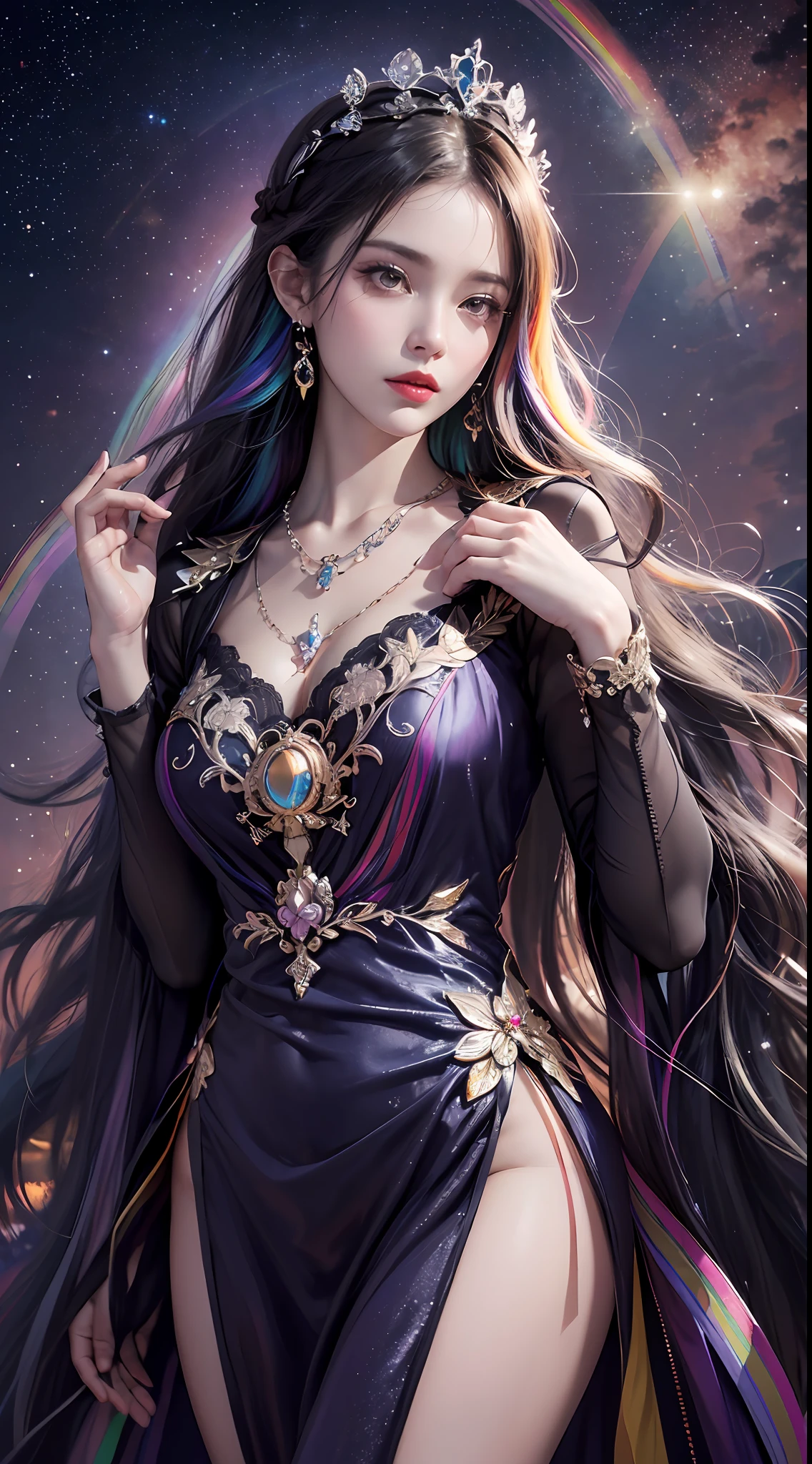 1 27-year-old girl, 1 zodiac goddess from the future, 12 zodiac goddess pink purple, 12 zodiac goddess face sexy thin yellow nightgown, long thin nightgown 12 zodiac many limbs sexy black lace detail, mythical goddess of the 12 zodiacs from the future, zodiac ♏, luxurious glittering zodiac style, dark and mysterious version, zodiac crown, lipstick red lips, thin and pretty lips, don't smile, keep your mouth shut, characters created by karol bak and pino daeni, intricate detail, detailed background, extremely detailed, light magic, a woman, clear face, looking at the upper body of the goddess of the zodiac, round breasts, big and round breasts, phoenix hair brooch, long hair with bangs, (Long hair has 7 colors like rainbow:1.9), beautiful detailed face and well-proportioned eyes, (transparent yellow eyes: 1.8), big round eyes and very beautiful and detailed makeup, visionary, long silk nightgown, mysterious makeup, Bracelets, side bangs and dye pale yellow, upper body, (zodiac goddess upper body: 1.8), drooping arms, Realistic and vivid photo, (stars that make up the zodiac: 1.7), ( sky zodiac and fictitious space and time portal: 1.8), fiction art, RAW photo, hanfu photo, best photo , high_res, best quality, best photo, 8k quality, 8k ultra , surrealism, the most economical real photo, artistic portrait of 12 zodiac signs, 1 symbol of 12 zodiac signs behind, single portrait of 12 zodiac goddess, The most realistic color scheme, best photo color, masterpiece, hair ornament, necklace, jewelry, Beautiful face, upper body, tyndall effect, photo realistic, dark studio, border light, two tone light, (detailed skin) high: 1.2), 8k uhd, dslr, soft light, high quality, volumetric light, candid, Photo, high resolution, 4k quality, 8k, Bokeh, Smooth and sharp, pixel up 10 times, Charming zodiac goddess, sexy zodiac goddess, (background space: 1.8), (galaxy: 1.7), aurora, lightning, (Aurora Background: 1.8) <lora:locon_perfecteyes_v1_from_v1_, beautiful goddess and flowers,