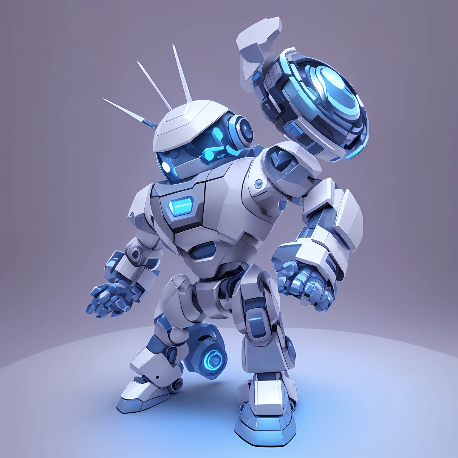 there is a robot with two swords and a helmet on, cute elaborate epic robot, tintoy characterdesign robot, the robot has a fishing rod, round robot, wheatly from portal 2, futuristic robot devil, detailed cosmic angelic robot, robot made of jet parts, 3D model of a Japanese mascot, Virtual scenes,Real-world scenarios,takeoff,dialog box,Text box,Interactive interface,ui,gui, --auto