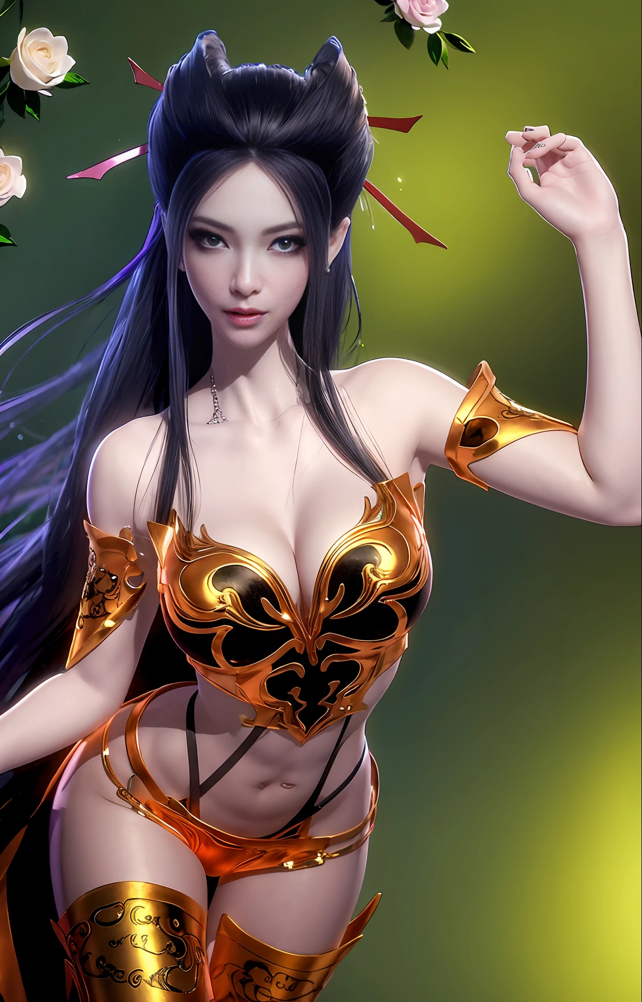 1girl, (upon body:1.3), hair ornament, necklace, jewelry, long hair, earrings, highres, hair ribbon,(Beautiful face:1.2),detailed beautiful eyes, skinny body,shiny skin,Slim waist,(8k_wallpaper), Intricate and refined delicate details,Chinese clothes,toned abs,detached sleeves,playboy bunny, flowers, bushes, roses, rose, pink,