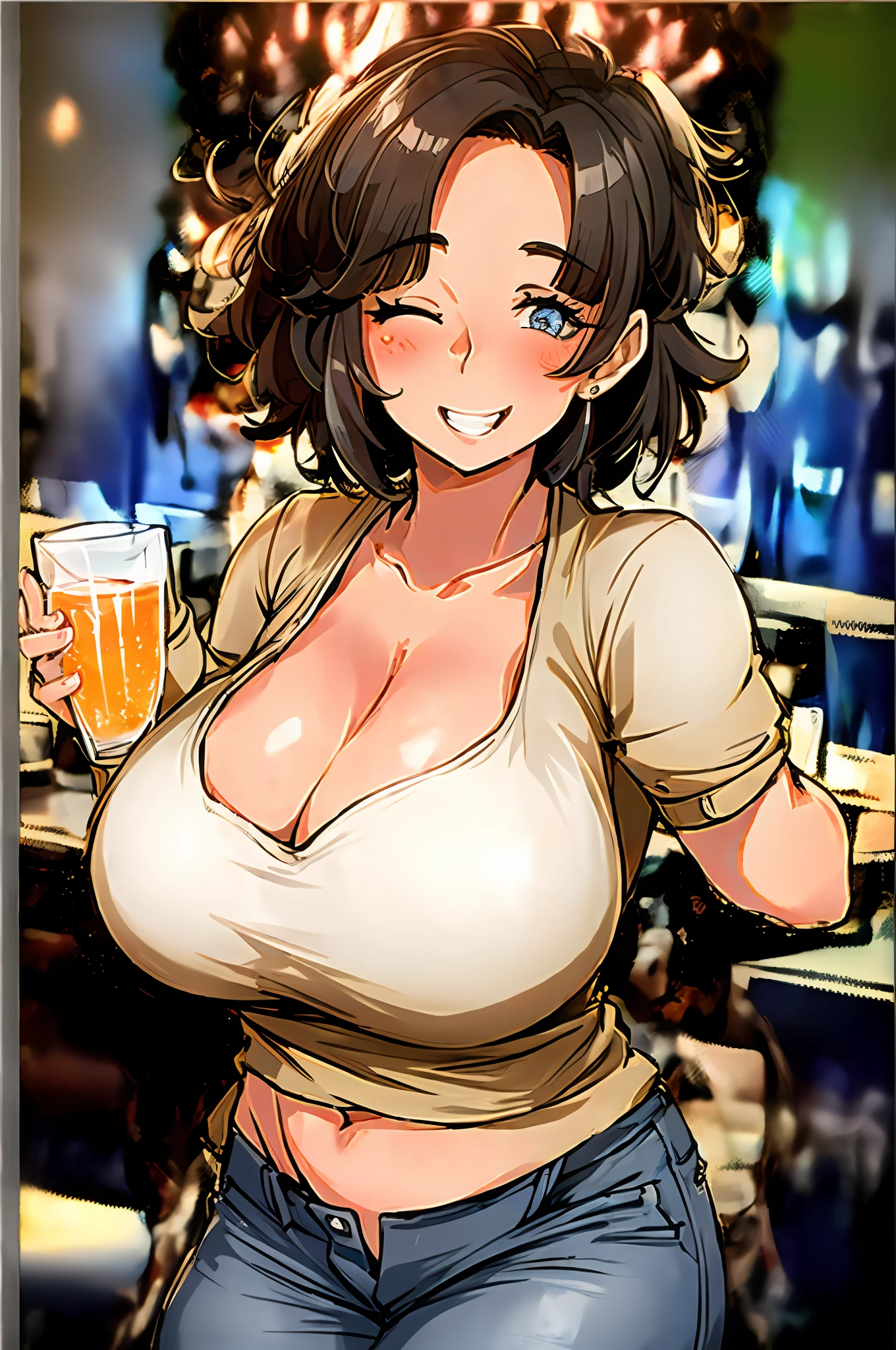 2heads, a chubby woman with two heads. She has enormous breasts. She is dancing in a bar. She is sipping a drink. She is laughing. She looks drunk. She is flirty. She is wearing a low-cut sweater and jeans. She is tugging her shirt to show her breasts. She has enormous boobs. She is chubby. Massive breasts.