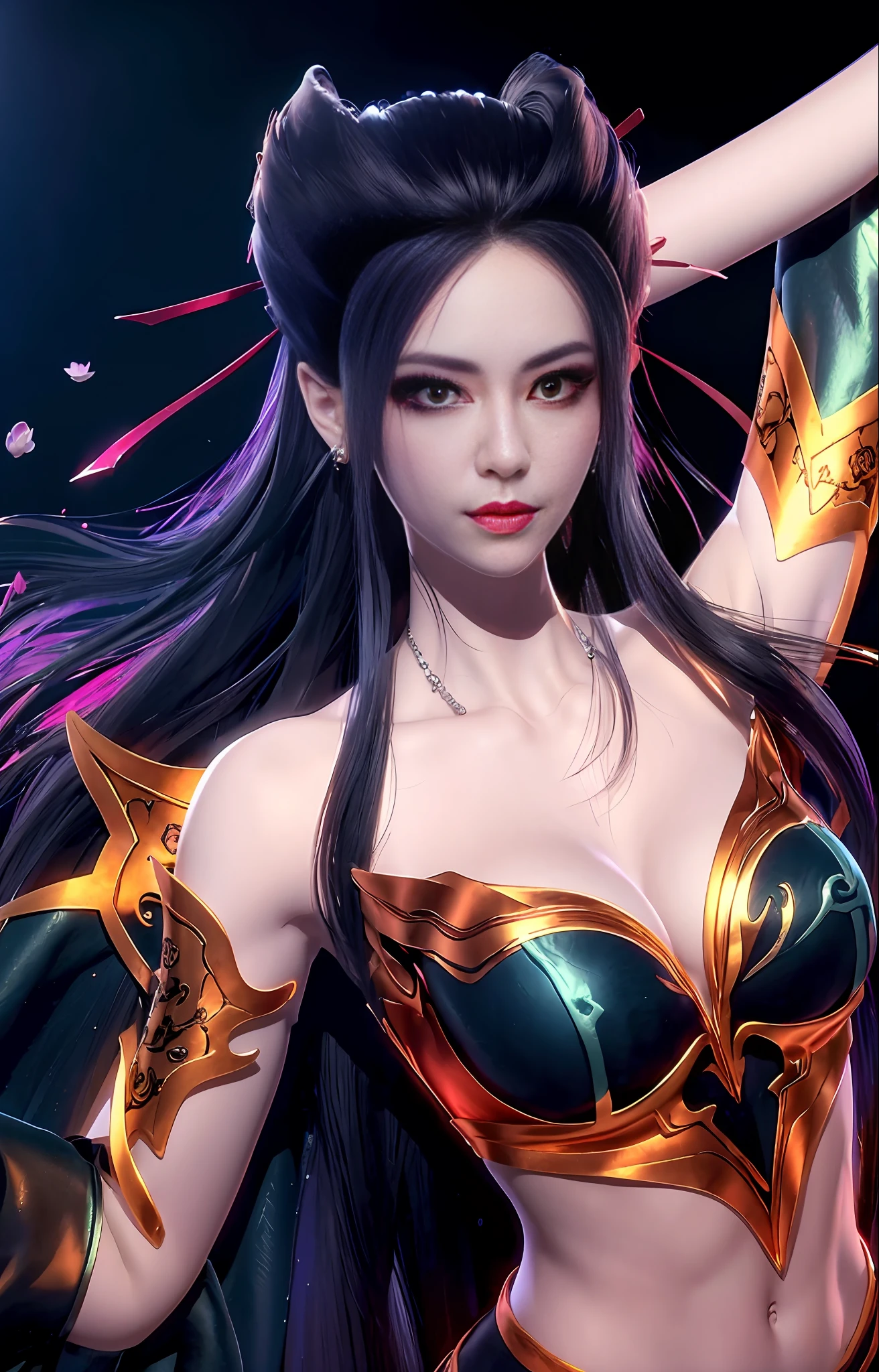 1girl, (upon body:1.3), hair ornament, necklace, jewelry, long hair, earrings, highres, hair ribbon,(Beautiful face:1.2),detailed beautiful eyes, skinny body,shiny skin,Slim waist,(8k_wallpaper), Intricate and refined delicate details,Chinese clothes,toned abs,detached sleeves,playboy bunny, flowers, bushes, roses, rose, pink,
