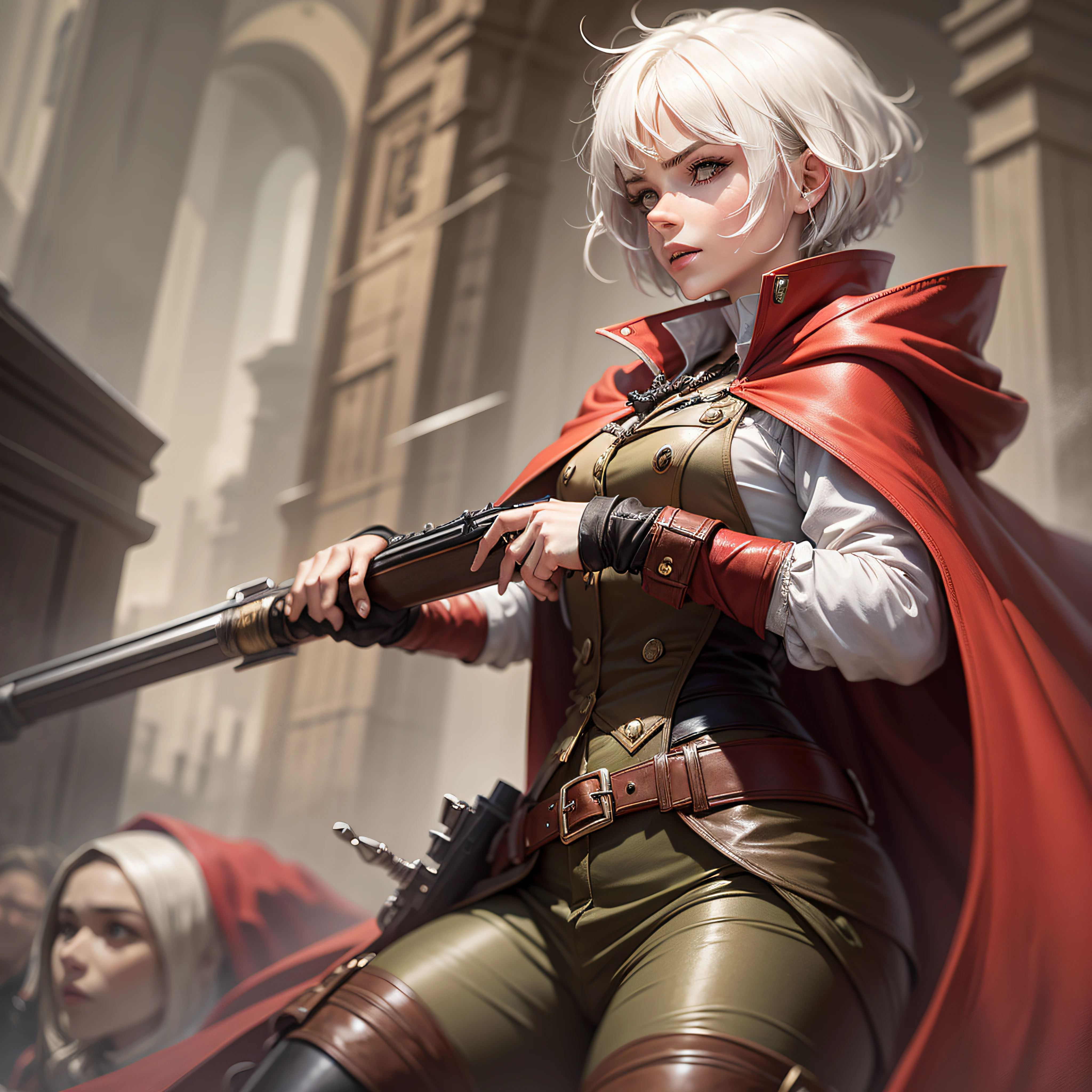 a female hunter with short white hair wearing a red cape and carrying a musket