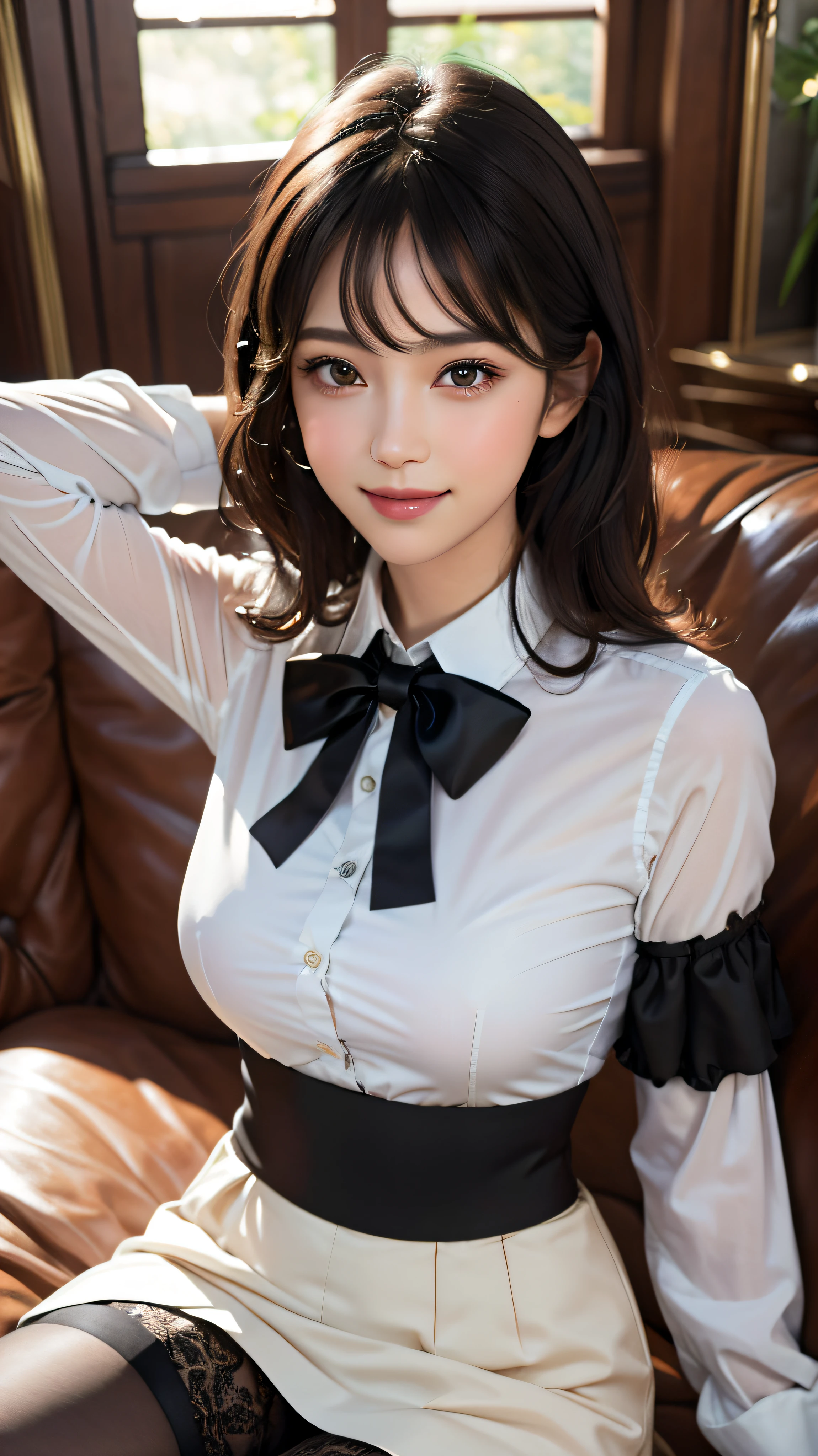 (8K,RAW photos,最佳质量,nmasterpiece:1.2),(make realistic,photo realistic:1.37),In the lab,a woman with,The upper body is wearing a white shirt,The lower body is wearing a short black skirt,black lence stockings,high heel shoes,High ponytail,standing sideways,Whole human body,Professional female dress