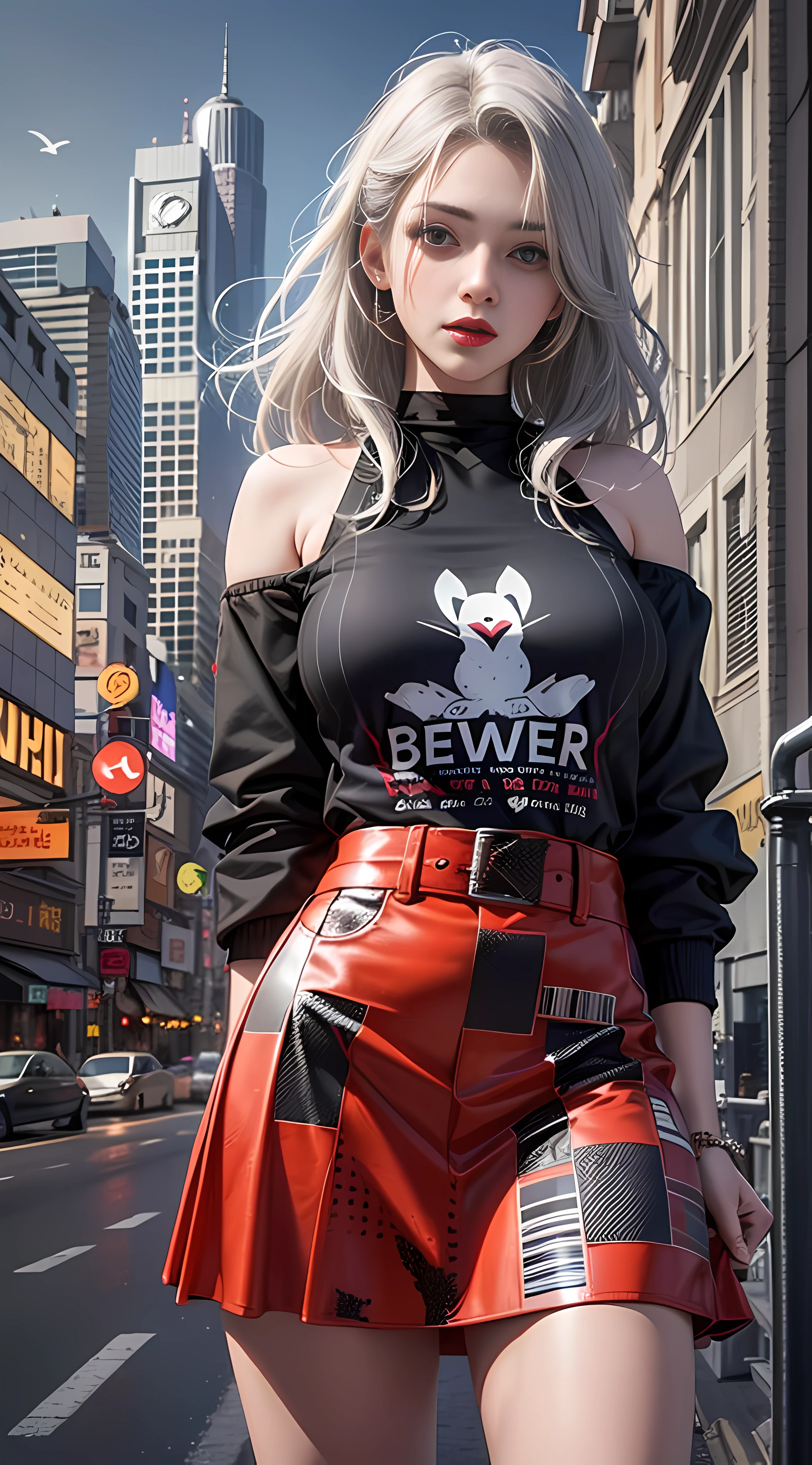 Ultra high quality,8K,Giant Breast Girl,Sexy and feminine, high and cold,Dark beauty,Enchanting,The head proportions are perfect,Gray hair,Wear a sweatshirt monogram print, Short red high-waisted skirt,Flaming red lips,Swan neck,chokers,O sol brilha intensamente