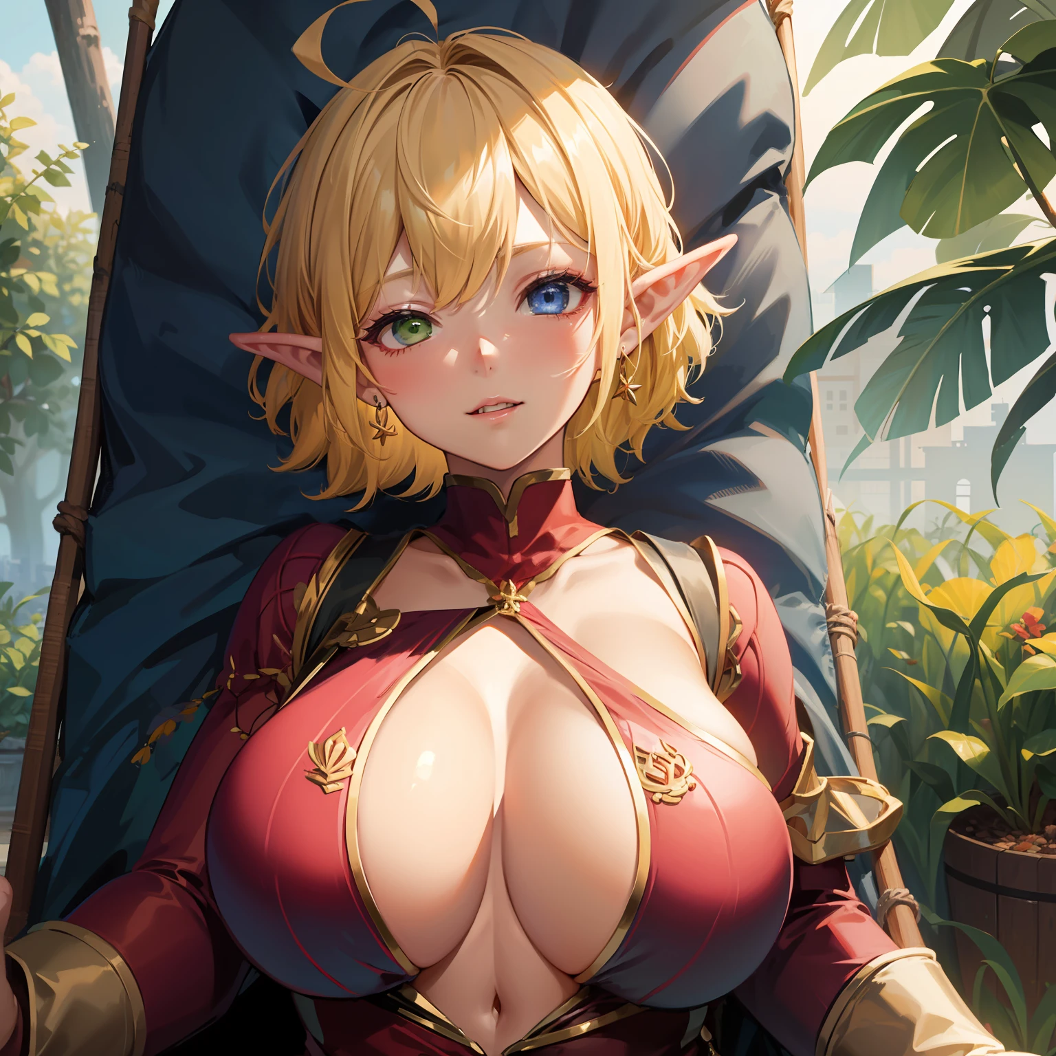 high-re, sharp-focus, pixiv's masterpiece, ((complicated detail)), extremly detailed, pointy ear, Heterochromia, 独奏, bronde hair, Green eyes, Blue Eye, Ahoge, 1girls, shorth hair, elvish, Dark skinned, Whole human body, woman kngiht,HugeBoobs、Pink pajamas、Sleeping in a hammock、During sleep、Close your eyes、Aura of Overlord、