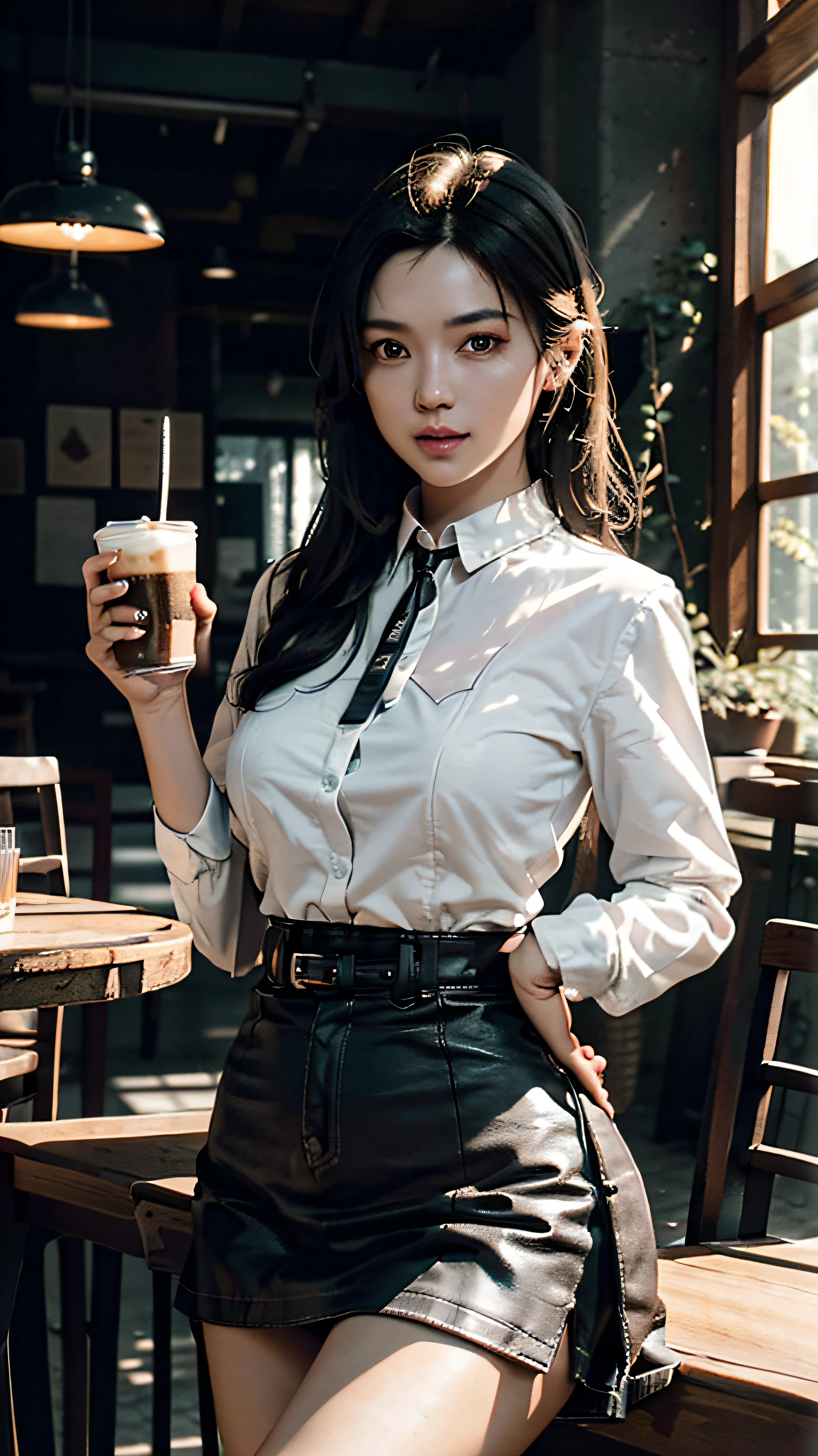 （8K，RAW photos，最佳质量，nmasterpiece：1.2），（make realistic，photo realistic：1.37），In the lab，a woman with，The upper body is wearing a white shirt，The lower body is wearing a short black skirt，black lence stockings，high heel shoes，High ponytail，standing sideways，Whole human body，Professional female dress