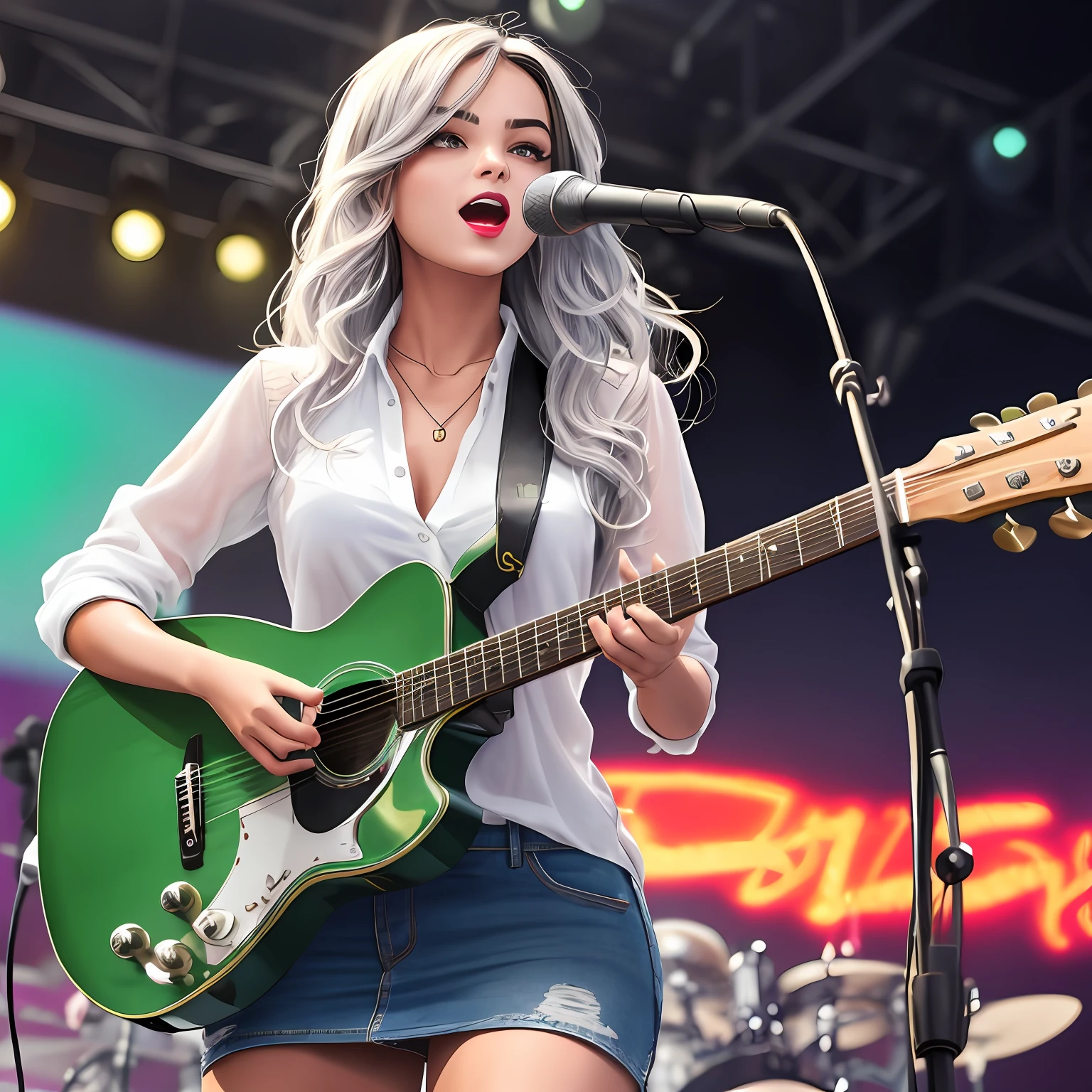 wavy silver hair Thick black eyebrows Round eyes green, Thick red lips Round face, elegant and handsome, neck net, white shirt blue denim short skirt Full body image of a 20-year-old girl wearing black shoes and singing with a guitar. Resolution 300 pixels. The sharpness of the image is good. Light and dark colors well. A natural image. --auto