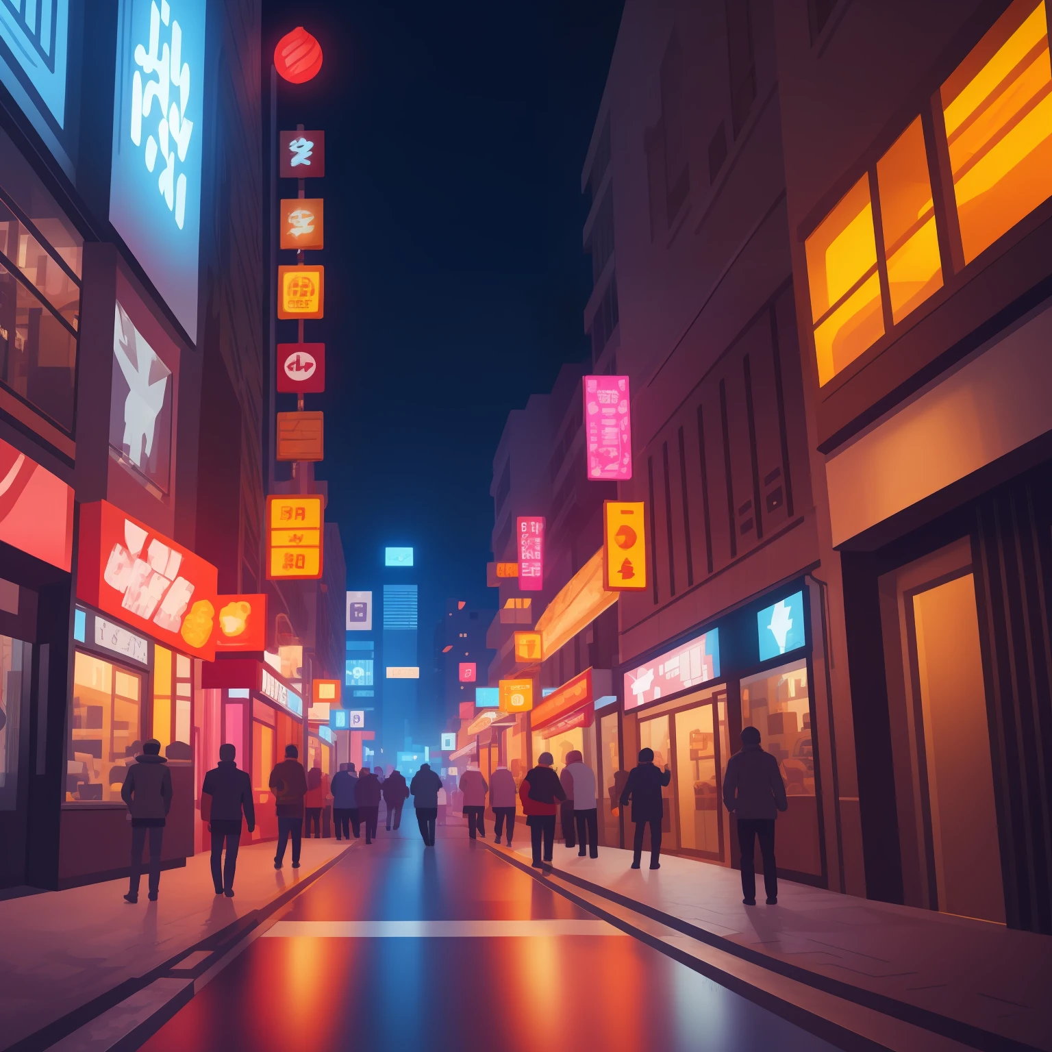 cyberpunk street, side view, 2D game style, night, cool vendors, roads and cars,