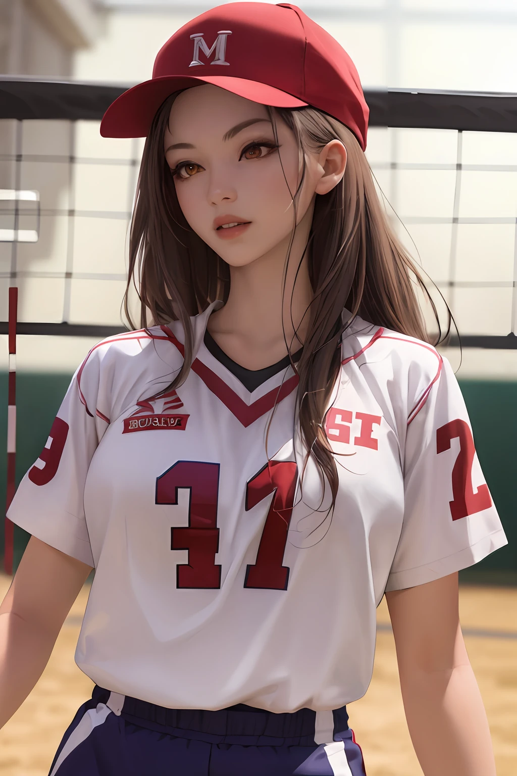 nmasterpiece：1.2，最佳质量），make realistic，（Real pictures，Complicated details，Depth of field），（1girl，独奏），Wearing makeup，lips parted，highly details，Perfect face，（Standard stature：1.2），（skindentation ), Long legs, Wide hips, big breasts thin waist, Tall, Coral lip, redheadwear, red - eyed, a horsetail, (Girl playing volleyball, White volleyball uniform), (sweats:1.2), (nasse), sexly, face red,