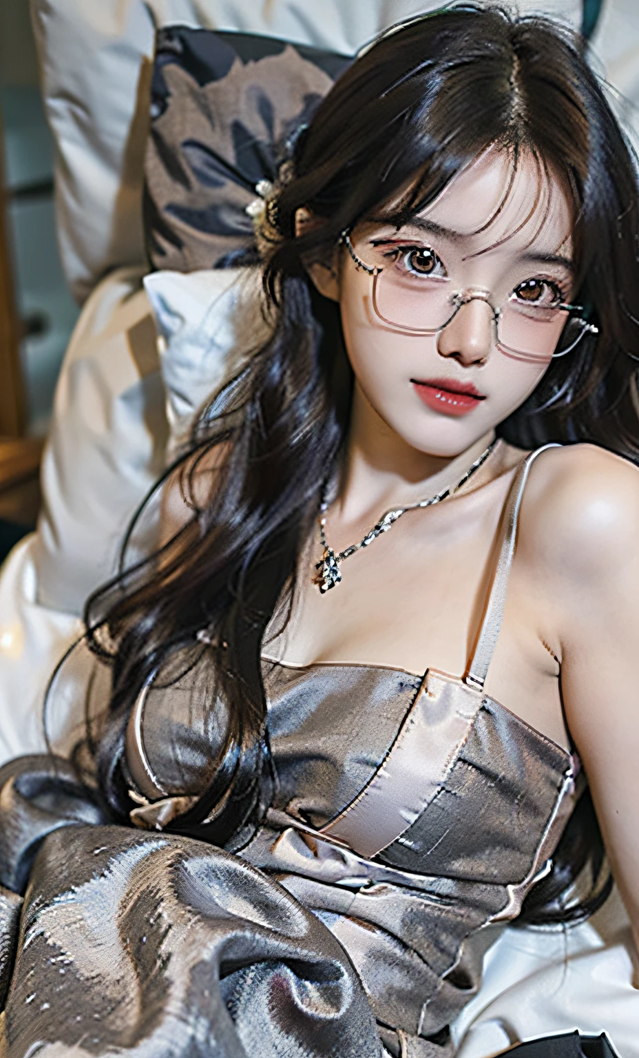 Beautiful detailed girl, very detailed eyes and face, beautiful detailed eyes, (full body), 1girl, 16 years old, long hair, side split, (with glasses), (perfect body 1.3) ((side lying on bed)), stockings, (nightdress), super detailed, high resolution, best quality, masterpiece, illustration, fine details, masterpiece, 8k wallpaper, movie lighting,