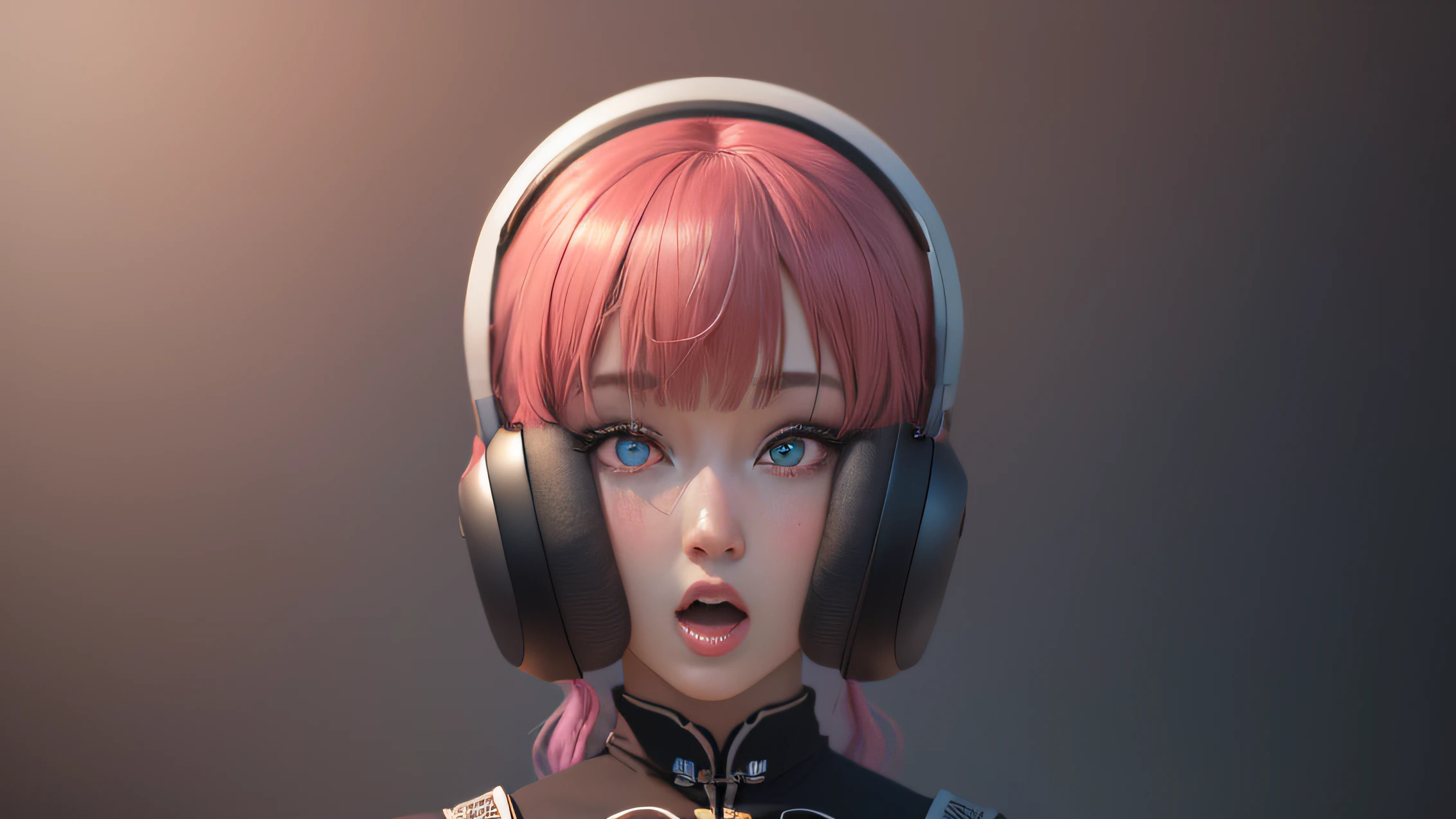 ilulu 1girl, solo dance, breasts, see the viewer, Blush, Open mouth, bangs, Large breasts, Simple background, shirt, thighlet, White background, Pink hair, Short sleeves, multicolored hair, black thighigs,Wearing black headphones :edo, Black shirt, slit pupils (Realistic:1.2), (Realism), (巨作:1.2), (Best quality), (ultra -detailed), (8K, 4K, an intricate),(full body photographed:1)),(Highly detailed:1.2),(Detailed face:1.2), sf, Colorful,(Detailed eyes:1.2)(细致背景),detailed landscape, (Dynamic angle:1.2), (Dynamic pose:1.2), (rule of third_composition:1.3), (Line of action:1.2)