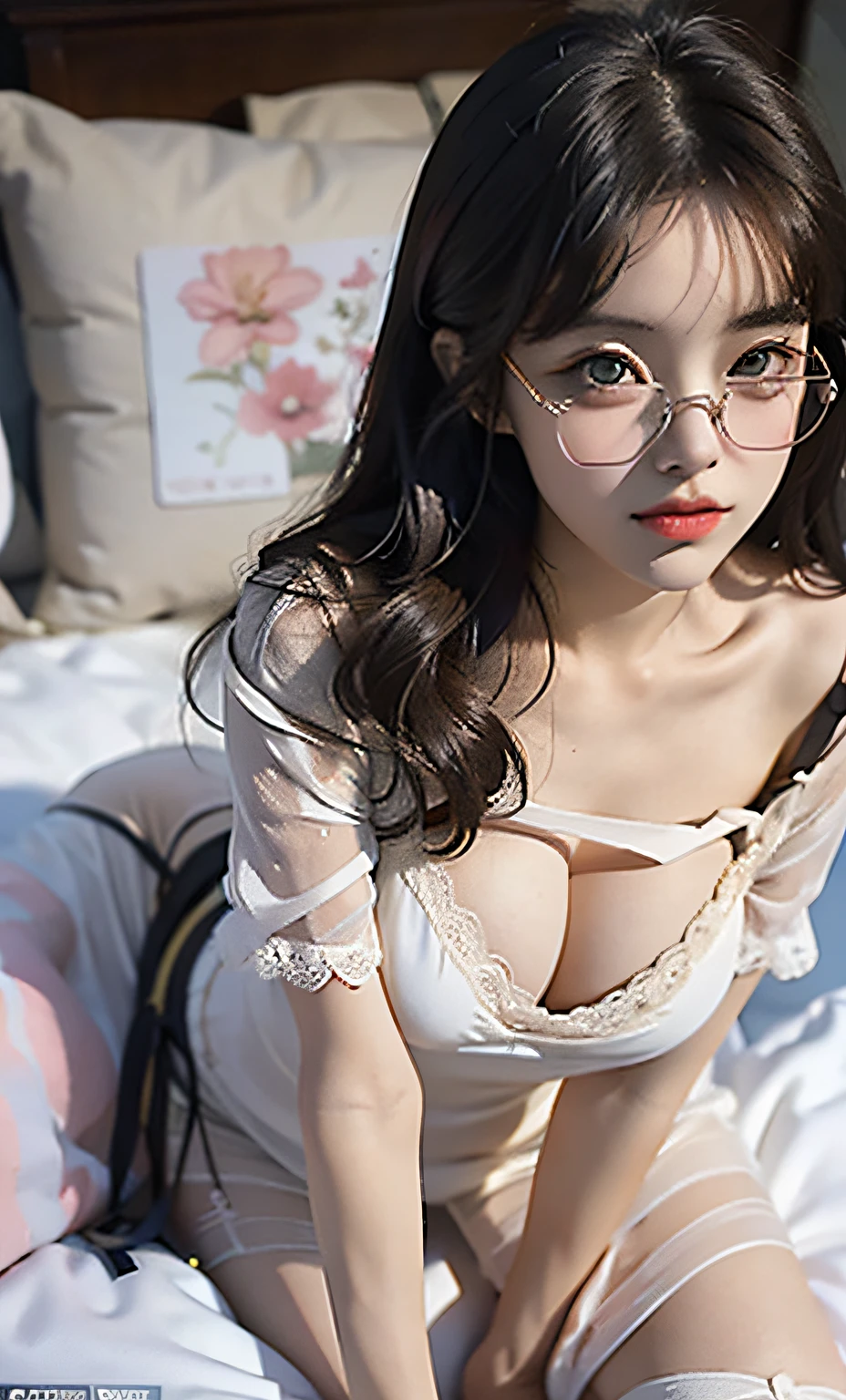 Beautiful detailed girl, very detailed eyes and face, beautiful detailed eyes, (full body), 1girl, , long hair, side split, (with glasses), (perfect body 1.3) ((side lying on bed)), stockings, (nightdress), super detailed, high resolution, best quality, masterpiece, illustration, fine details, masterpiece, 8k wallpaper, movie lighting,